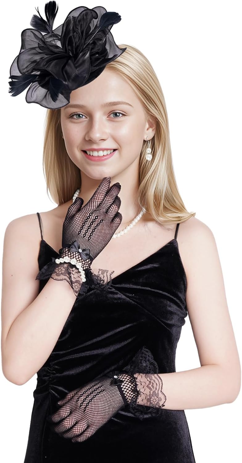 Tea Party Hat Fascinators Headband and Gloves Pearl Set for Women Tea Party Halloween Cocktail Wedding