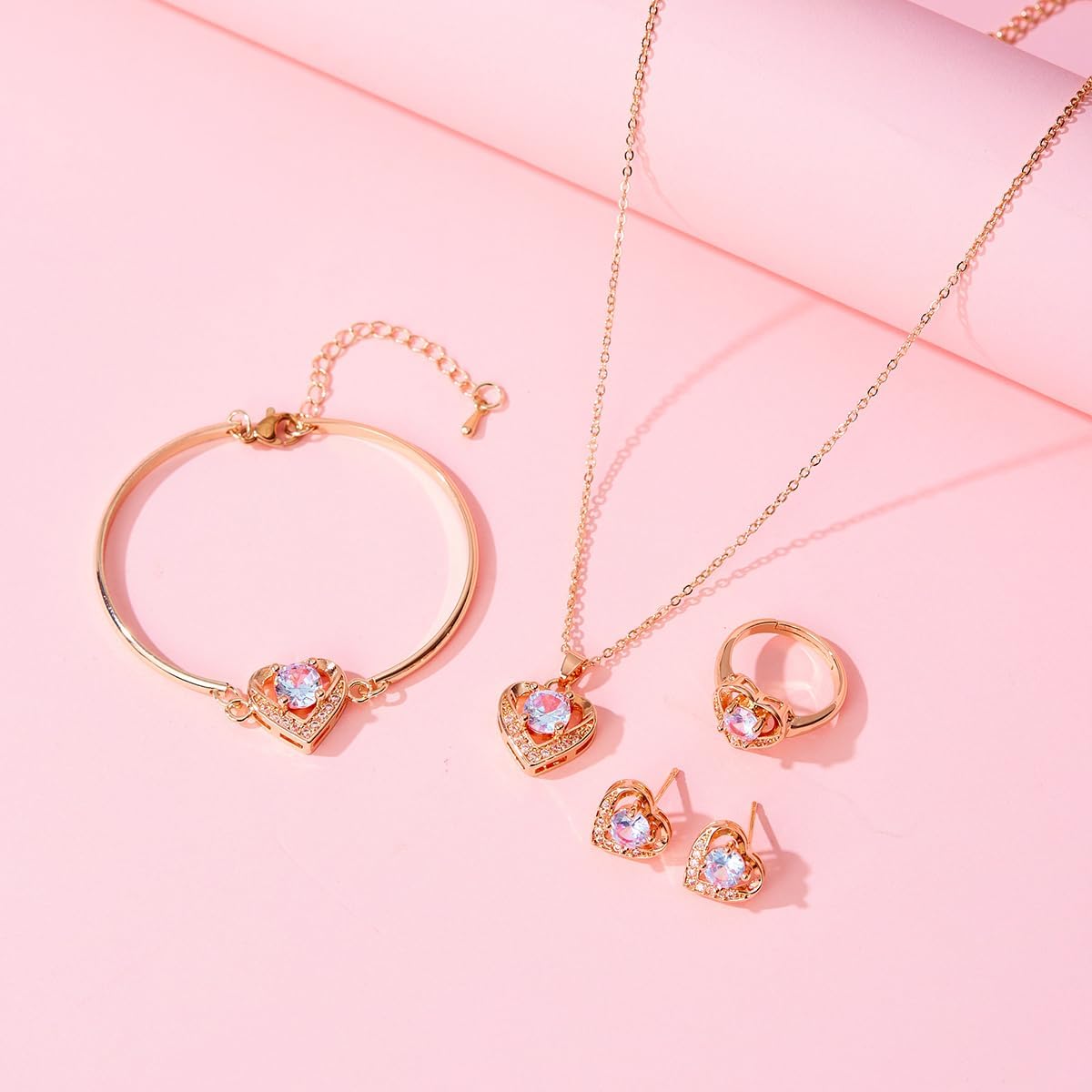 4pcs Cubic Zirconia Wedding Jewelry Sets for Bride Bridesmaid Cubic Zirconia Pendant Necklace Earrings Link Tennis Bracelet Open Ring Set for Women