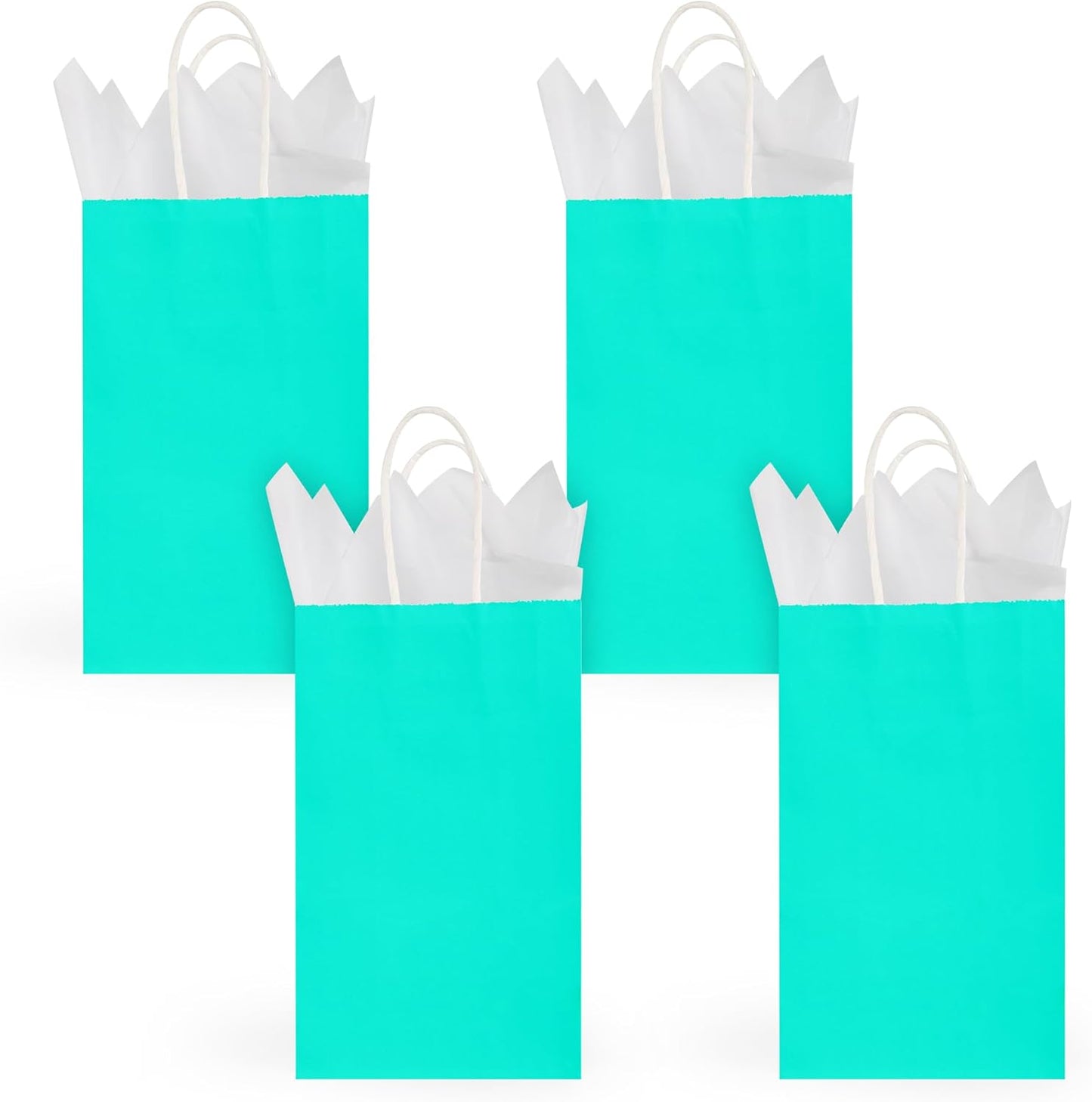 DjinnGlory 24 Pack Small-Sized Teal Paper Bags 9x5.5x3.15 Inches with 24 White Tissue Paper, Aqua Blue Bags with Handles for Wedding Bridal Shower Birthday Party Favors Goodies, Christmas Gifts