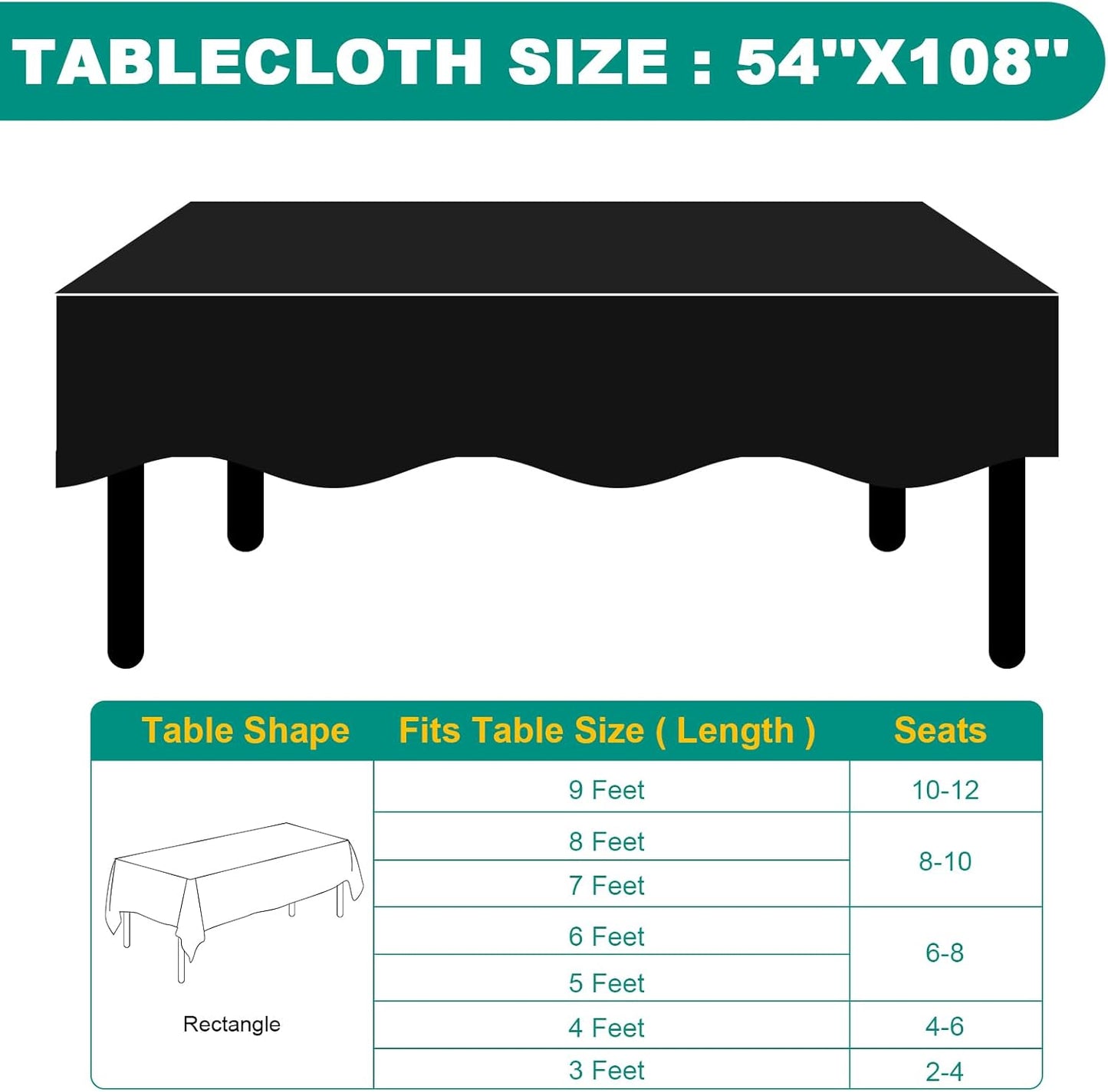 12 Pack Black Plastic Table Cloths Disposable, 54 x 108 Inches Plastic Table Cover for Rectangle Tables, Disposable Tablecloth for Dinning, Parties, BBQ, Wedding, Outdoor