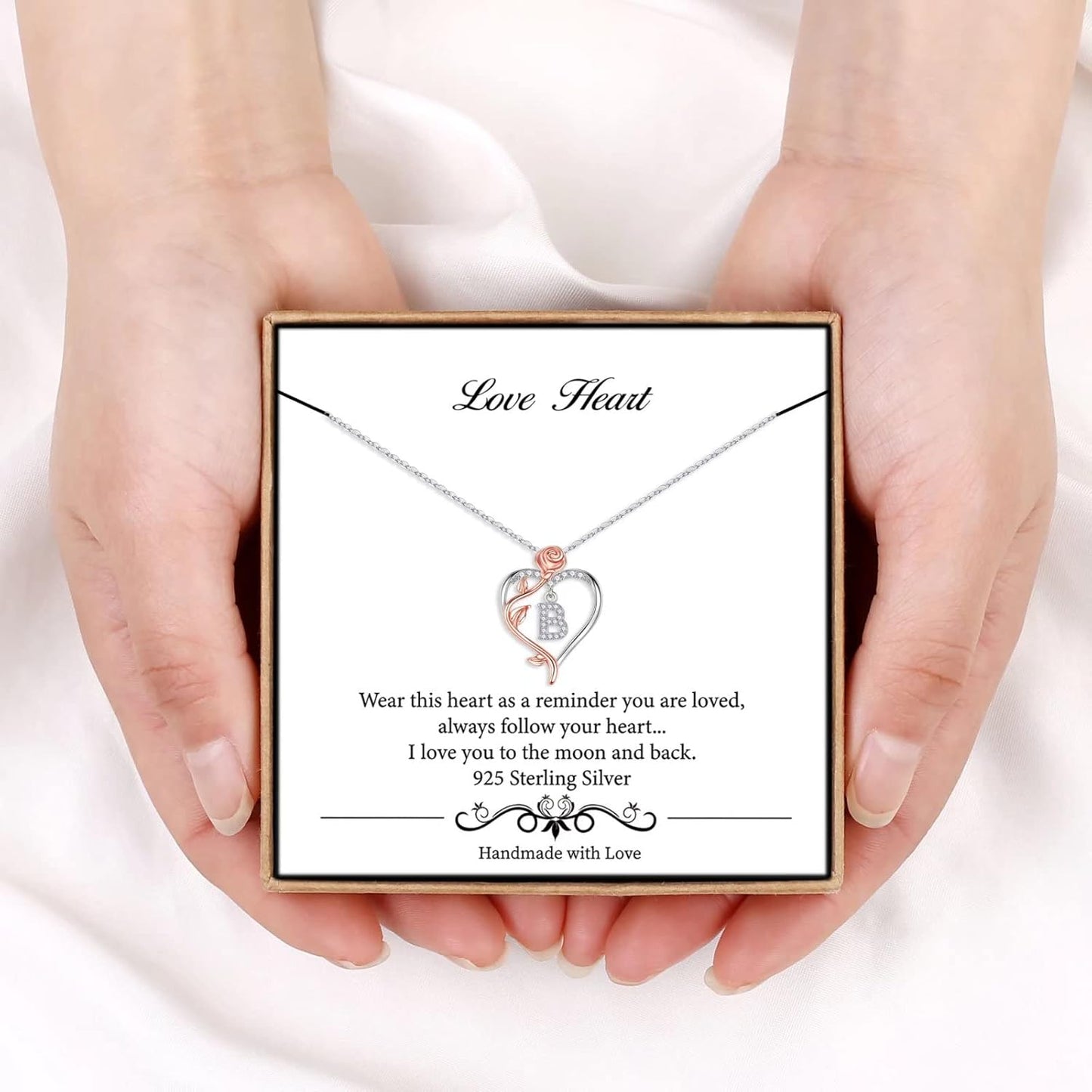 Iefil Christmas Gifts for Women Wife - 925 Sterling Silver Rose Heart Initial Necklace, Anniversary Birthday Gifts for Women, Jewelry Gift for Her Wife Girlfriend Mom Daughter