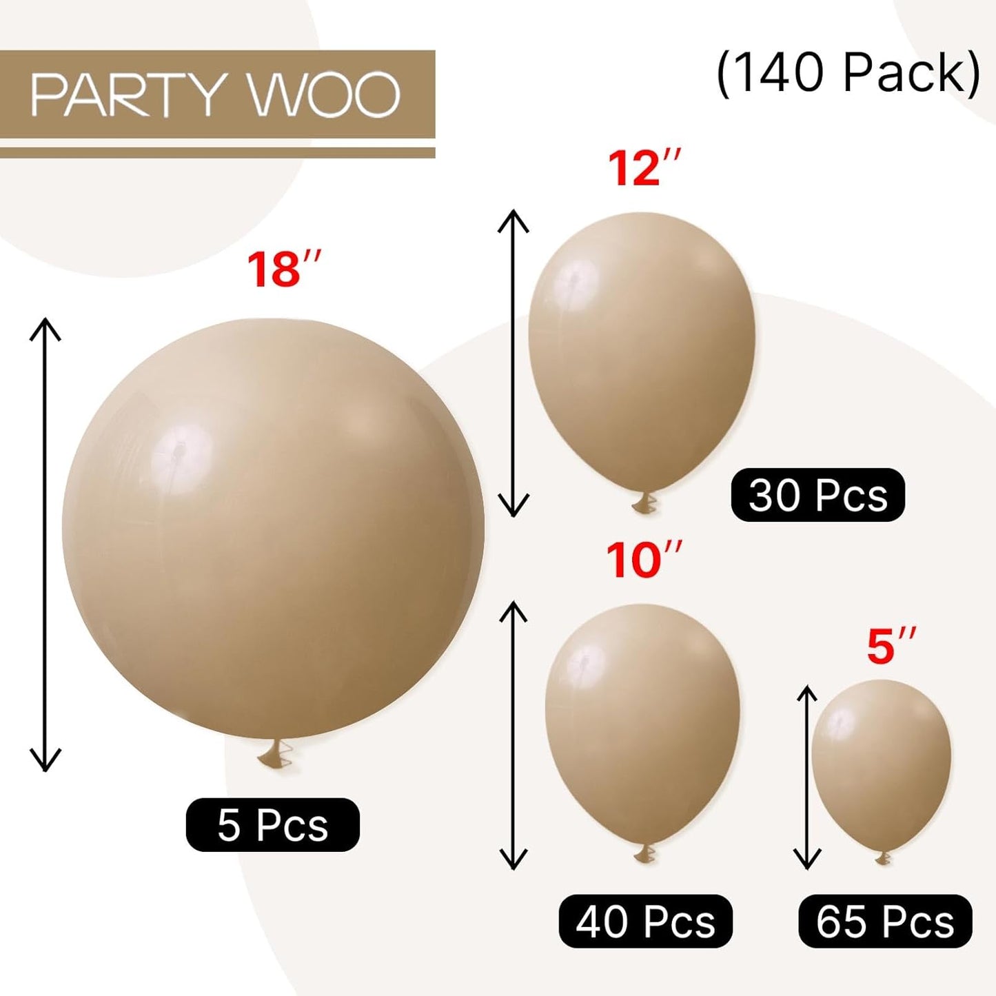 PartyWoo Vanilla Brown Balloons, 140 pcs Boho Pack Different Sizes 18, 12, 10, 5 Inch Light Brown for Garland or Arch Party Decorations, Brown-F56
