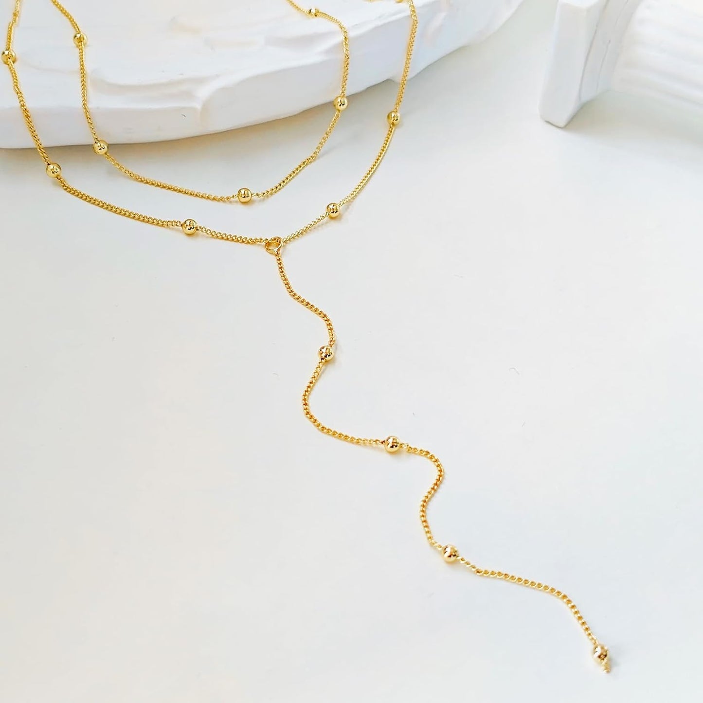 Luxval Lariat Gold Necklace for Women, Dainty Long Necklace 14k Gold Plated/Silver Y-Shaped Pendant Necklaces Trendy Beaded Chain Drop Necklaces Jewelry for Women Gifts