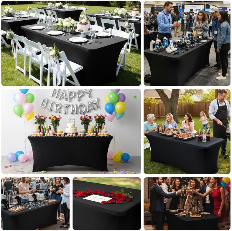 Black Tablecloths 96x30 Inch Table Cloths for 8 Foot Rectangle Tables, Wrinkle Resistant Washable Rectangular Spandex Fabric Table Cover for Vendor Dining Wedding Banquet Camping Party - 2 Pack