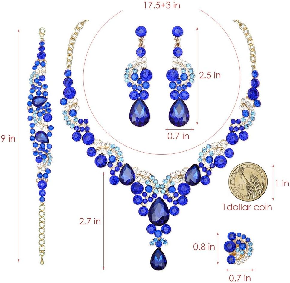 CSY Elegant Crystal Necklace Earrings Bracelet Ring Bridal Wedding Party Costume Jewelry Sets for Brides Women