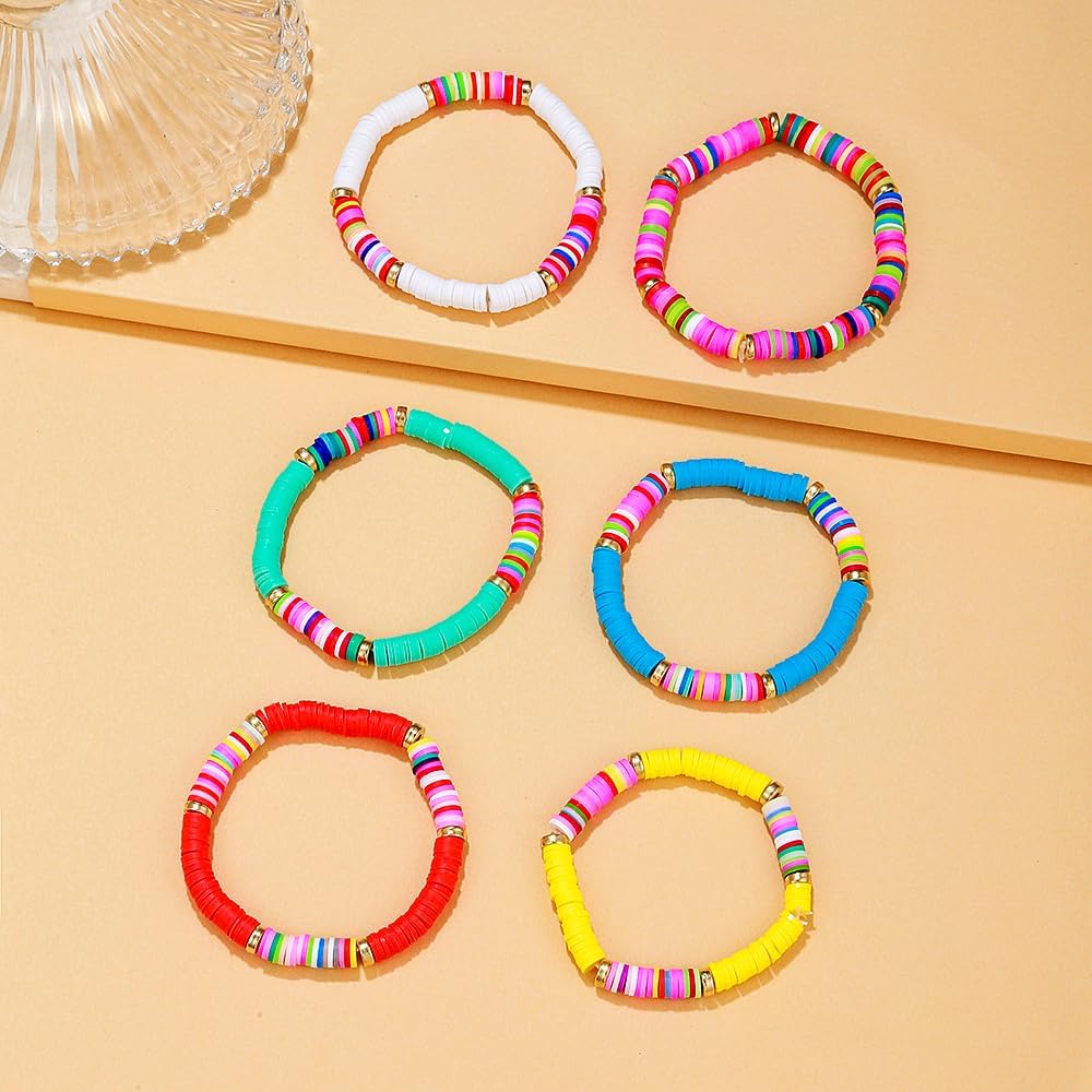 Friendship Bracelets for Women - Heishi Surfer Colorful Smile Evil Eye Clay Beaded Stretch Bracelets Elastic Layering - Stackable Boho Disc Y2K Aesthetic Summer Jewelry Set.