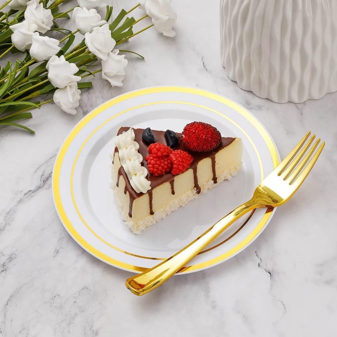 Goodluck 120PCS 7" Gold Dessert Plastic Plates with 7.4" Forks, Gold Appetizer Plates for 60 Guests, Including 60 Disposable Cake Plastic Plates and 60 Forks for Wedding/Birthday Party