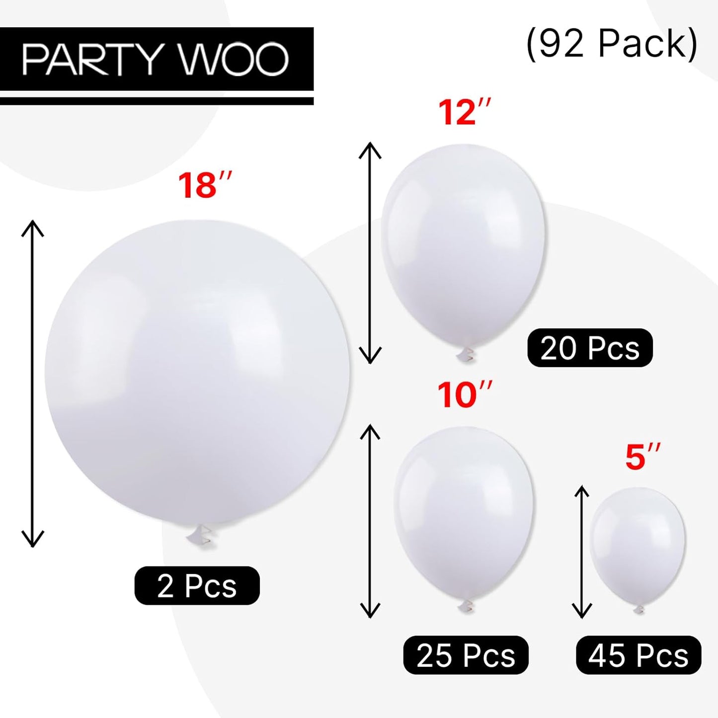 PartyWoo White Balloons 92 pcs Different Sizes Pack of 18 12 10 5 Inch Matte White Latex Balloon Arch Kit Garland for Wedding Bridal Graduation Baby Shower Birthday Party Decorations White-Y13