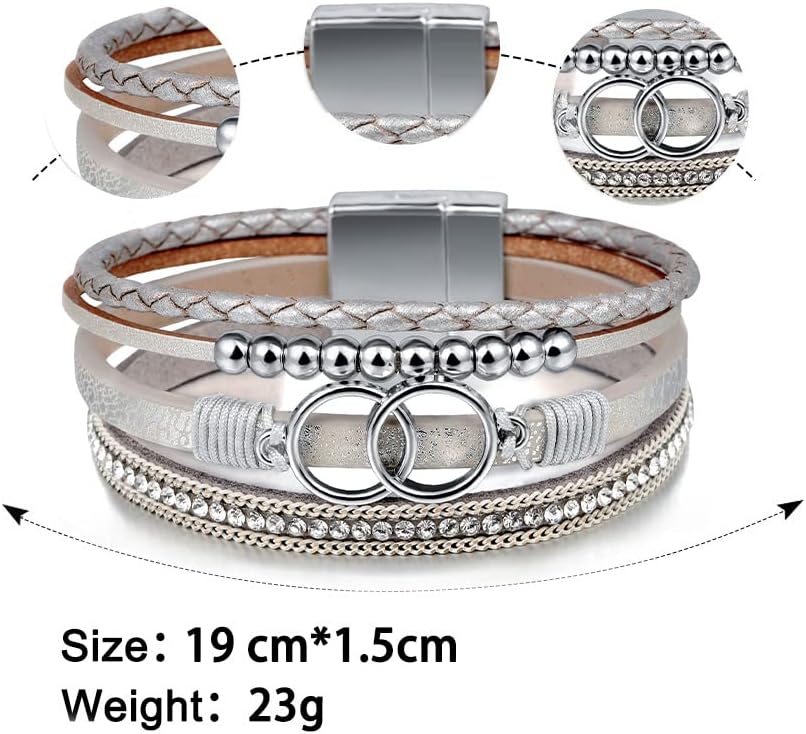 Fesciory Leopard Bracelet for Women, Boho Leather Wrap Multi-Layer Pearl Crystal Bracelet Bangle Jewelry