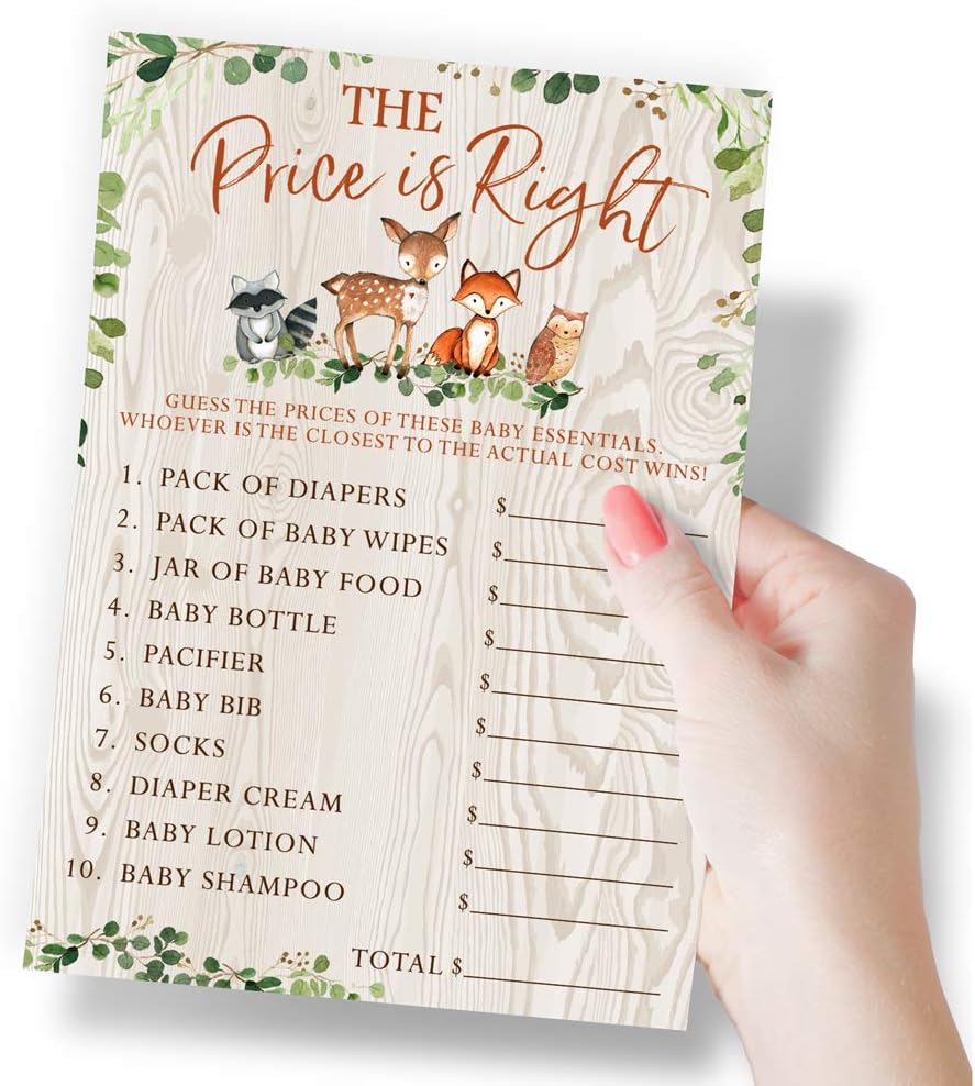 Printed Party Woodland Baby Shower Game Set – 5 Fun Games & Activities for Boy or Girl, Woodland Forest Animals Theme, 50 Guests