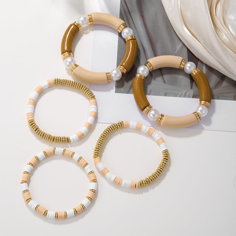 Friendship Bracelets for Women - Heishi Surfer Colorful Smile Evil Eye Clay Beaded Stretch Bracelets Elastic Layering - Stackable Boho Disc Y2K Aesthetic Summer Jewelry Set.