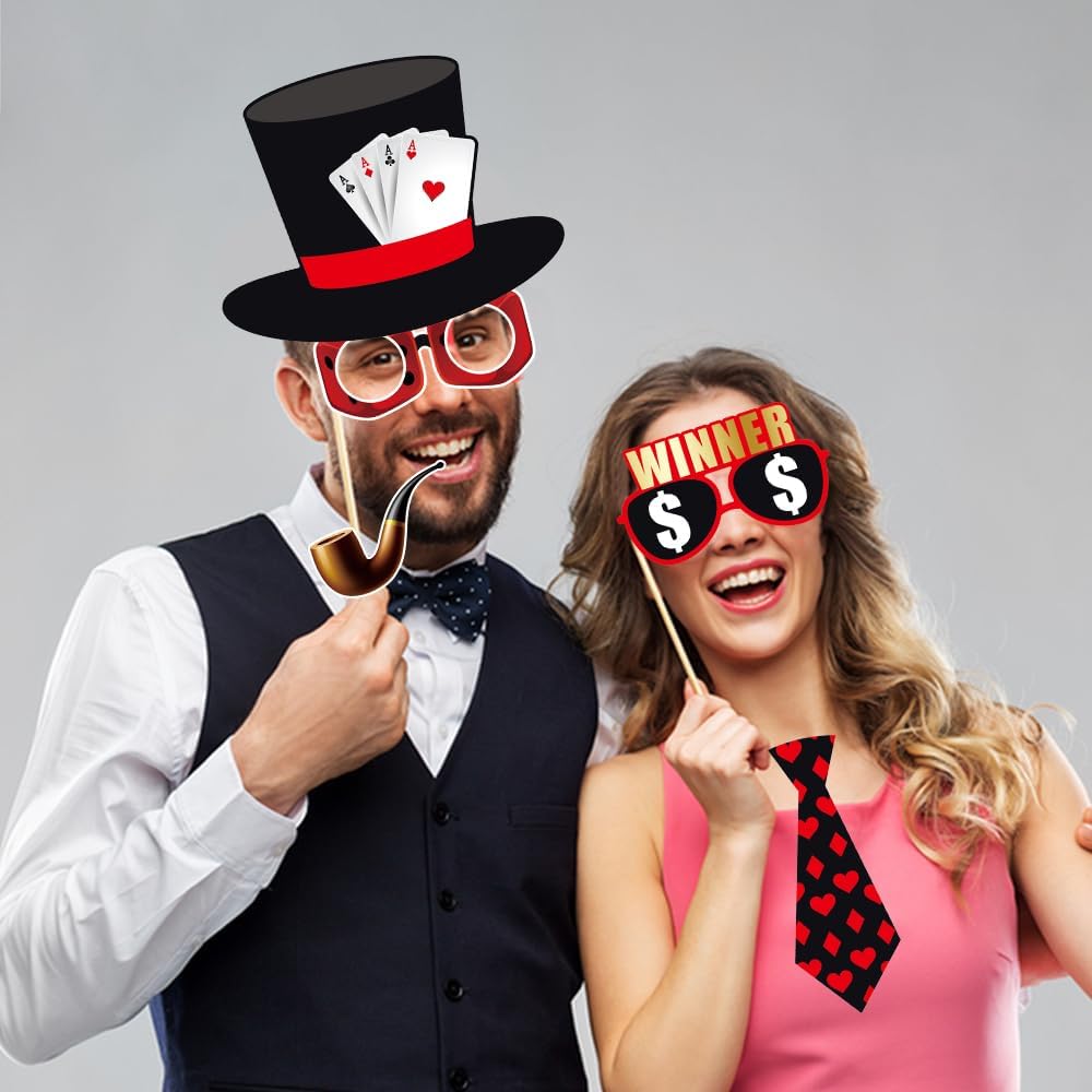 Casino Theme Party Decorations, Tumwisk 30PCS Las Vegas Photo Booth Props, Casino Birthday Decorations Funny Vegas Themed Poker Party Game Night Selfie Props