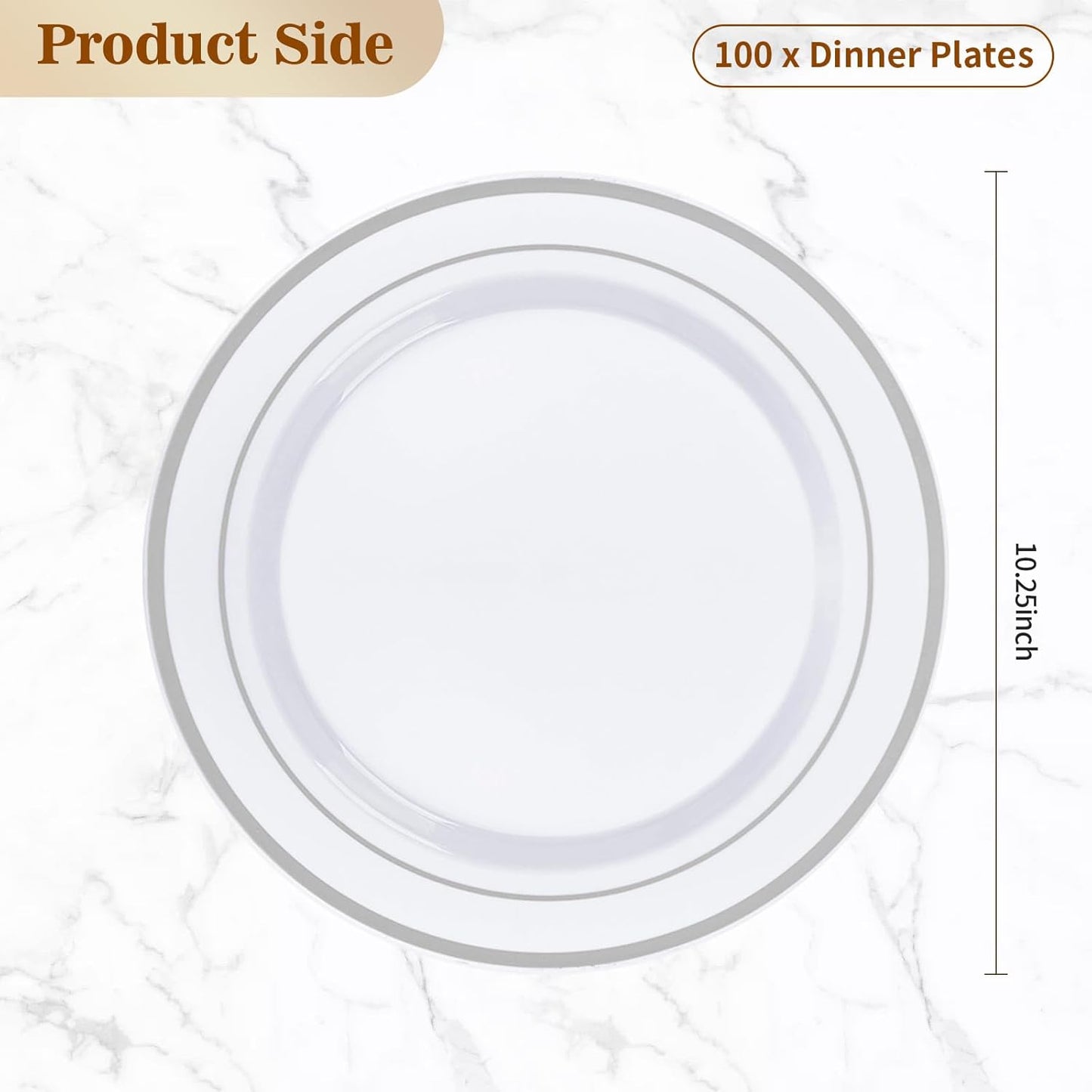 BESTVIP 100PCS Silver Plastic Plates, 10.25 Inch Disposable Dinner Plate Party with Silver Rim for Christmas, Thanksgiving, Heavy Duty Disposable Plastic Plates for Party, Wedding and Birthday, Events