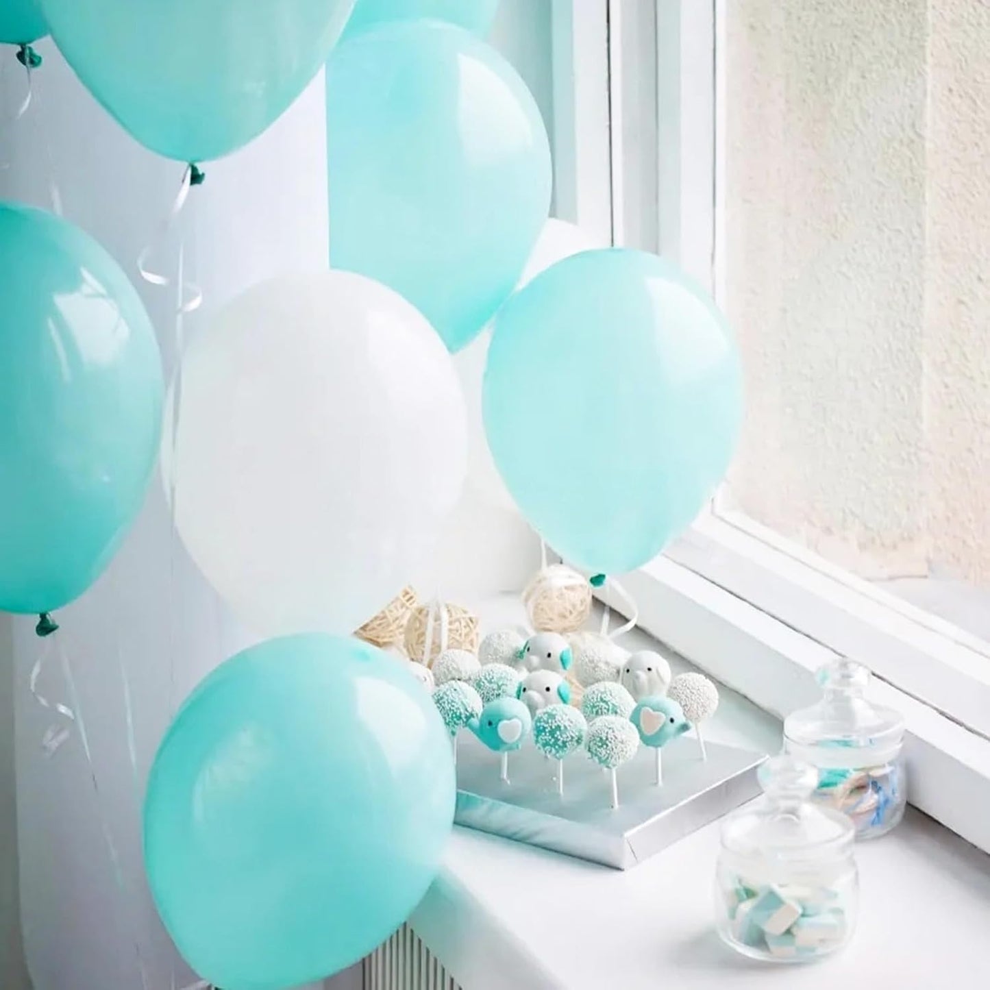 Teal Blue and Silver Balloons, 60 Packs 12Inch Teal and Metallic Silver Balloons, Teal Blue White Silver Confetti Balloon with Ribbons for Wedding Baby Bridal Baby Shower Birthday Party Decoration