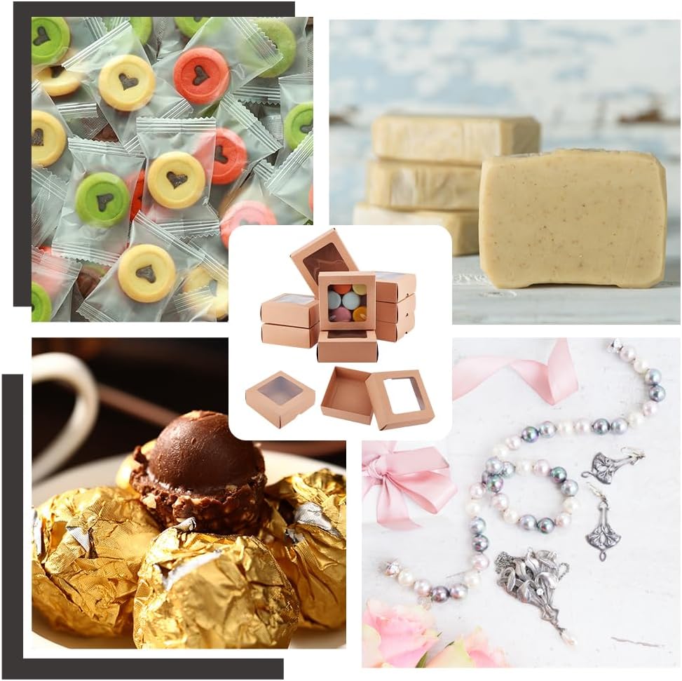 BENECREAT 10PCS Brown Kraft Paper Box with Clear Window, 5.12x5.12x1.97inch Square Kraft Paper Gift Box for Wedding Party Gifts, Festival Jewelry Packaging, Candy Storage