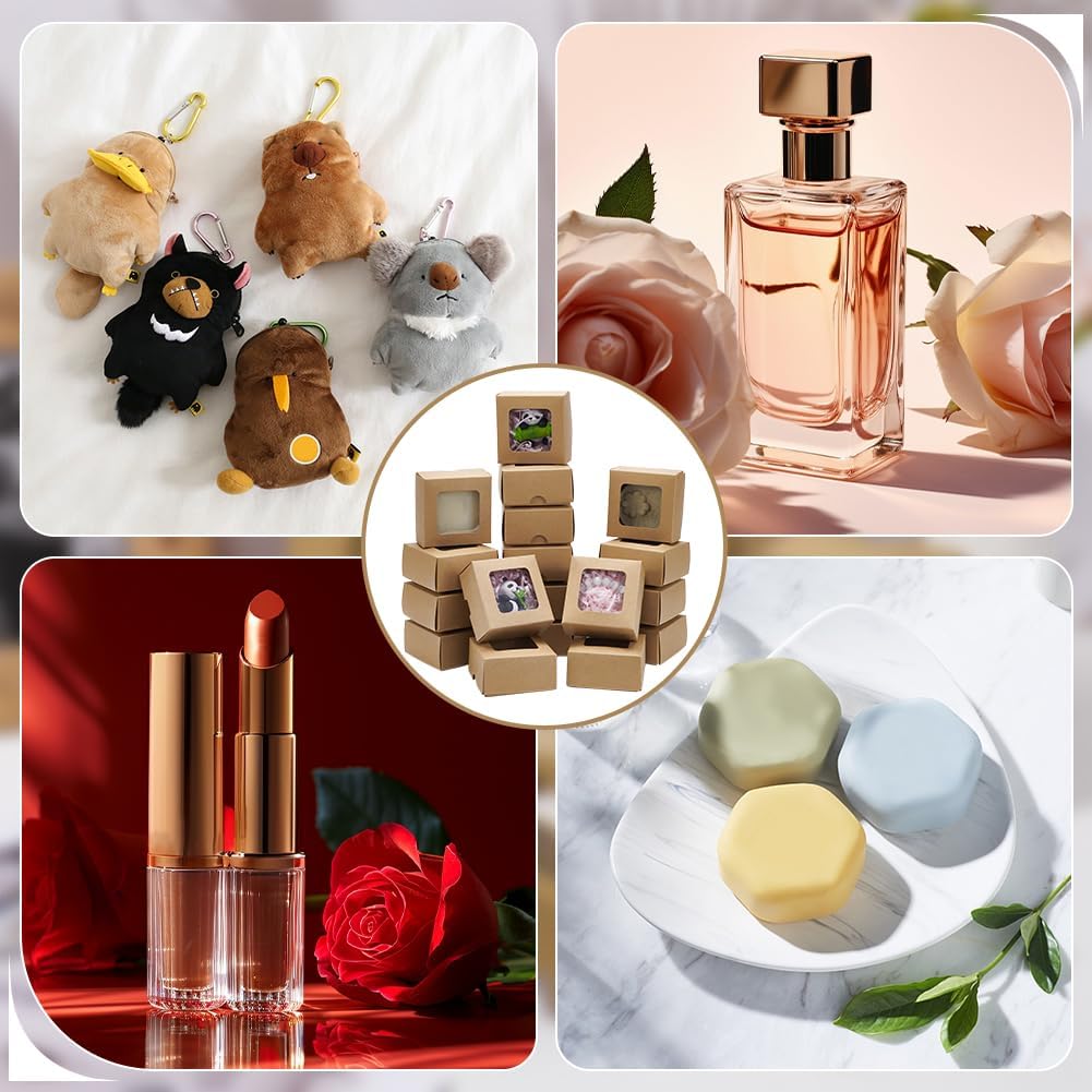 BENECREAT 20 PCS Brown Kraft Paper Box with Transparent Window, 3.15x3.15x1.57inch Square Kraft Paper Gift Box, For Wedding Party Gifts, Jewellery Packaging