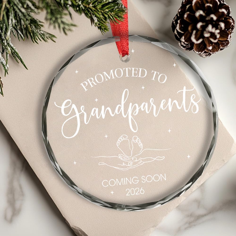 Christmas Grandparents Gifts - Promoted to Grandparents 2026 Ornament - First Time Grandparent Gifts for Grandma Grandpa - Baby Pregnancy Announcement Gift - Round Glass Ornament