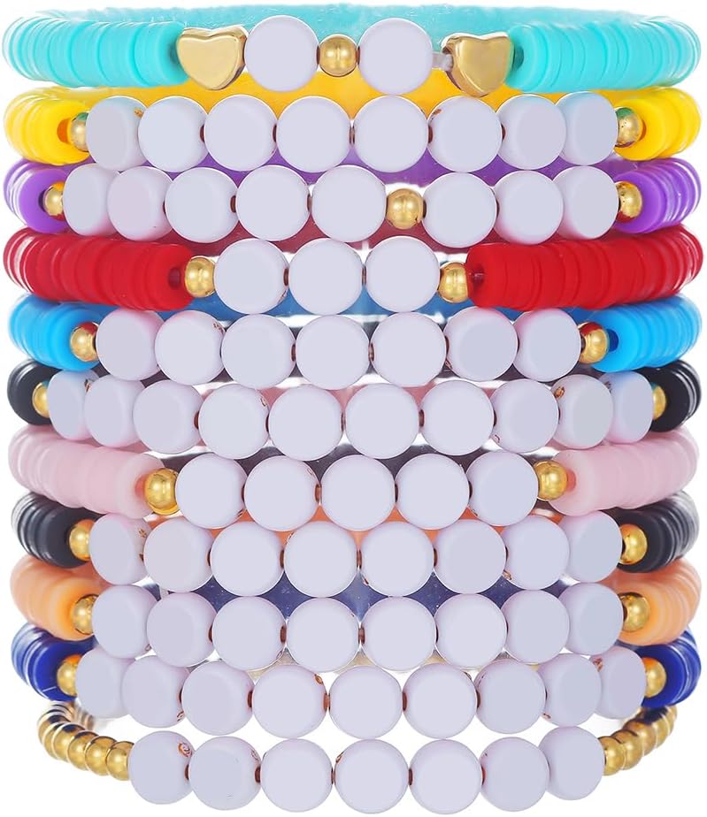 Heishi Surfer Clay Bead Bracelets Set for Women - Preppy Smile Evil Eye Beaded Stretch Bracelets Elastic Layering Friendship Bracelets- Stackable Boho Disc Summer Jewelry Set