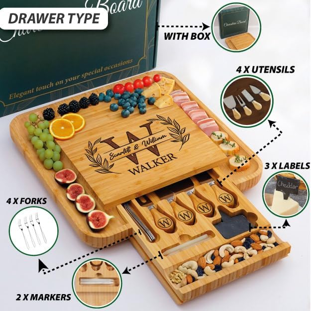 Personalized Charcuterie Board Gifts for Couples – Christmas Custom Large Cheese Board with Knife & Utensil Set for Wedding, Anniversary, Birthday, Housewarming, Engagement, Party, New Home