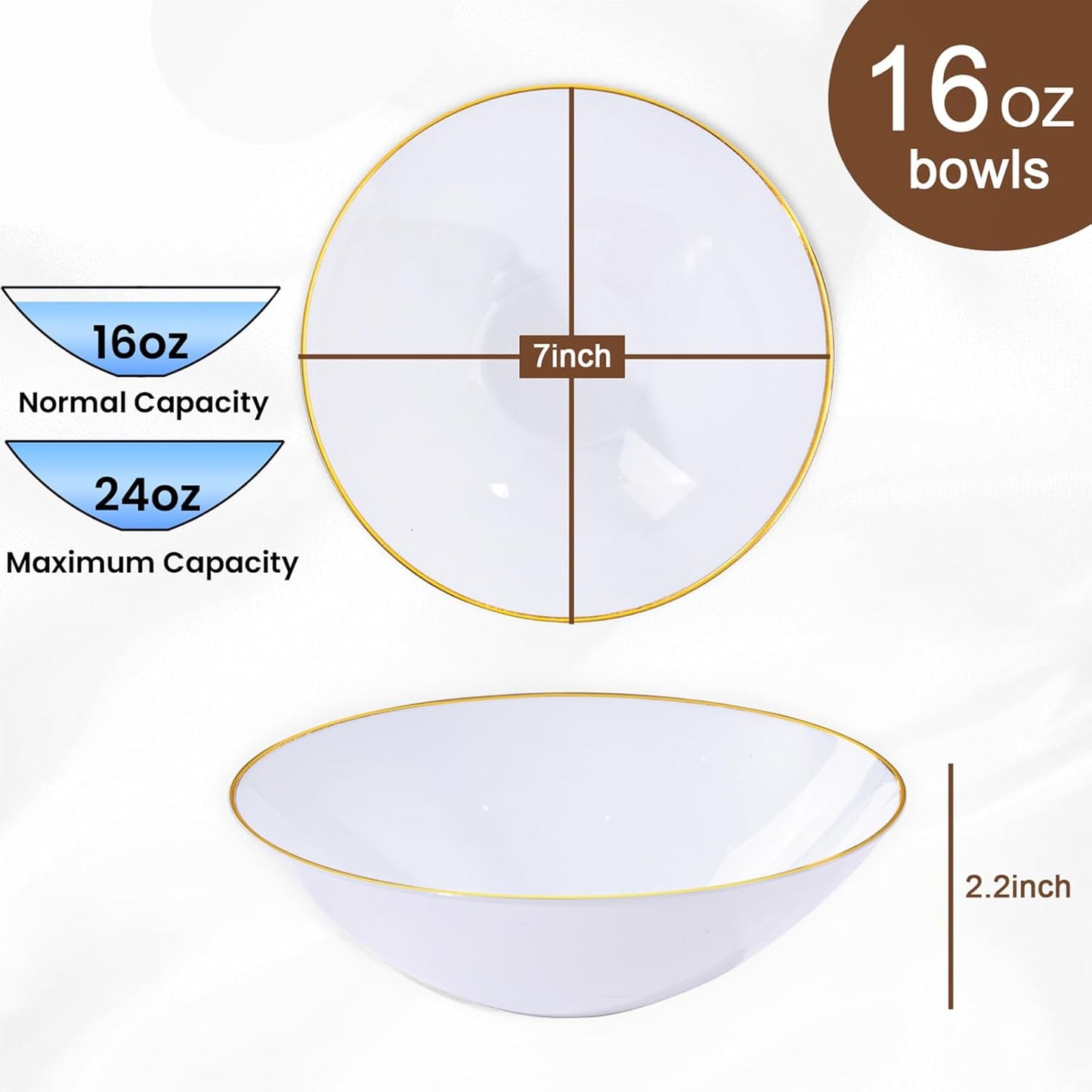 I00000 16 Oz 20 Count White Disposable Soup Bowls with Gold Rim Plastic Bowls Disposable Premium Heavyweight Elegant Plastic Salad Bowl for Thanksgiving, Parties, Weddings