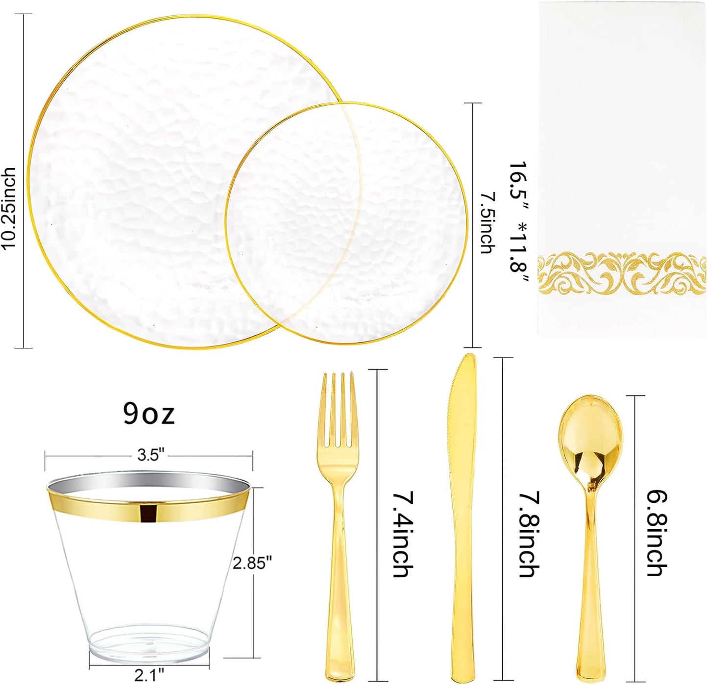 Rubtlamp 350 Pcs Clear Gold Plastic Plates, Hammered Disposable Dinnerware, Clear-Gold Plates Set Include 100 Plastic Platos, 150 Gold Disposable Silverware, 50 Cups And 50 Napkins for Thanksgiving