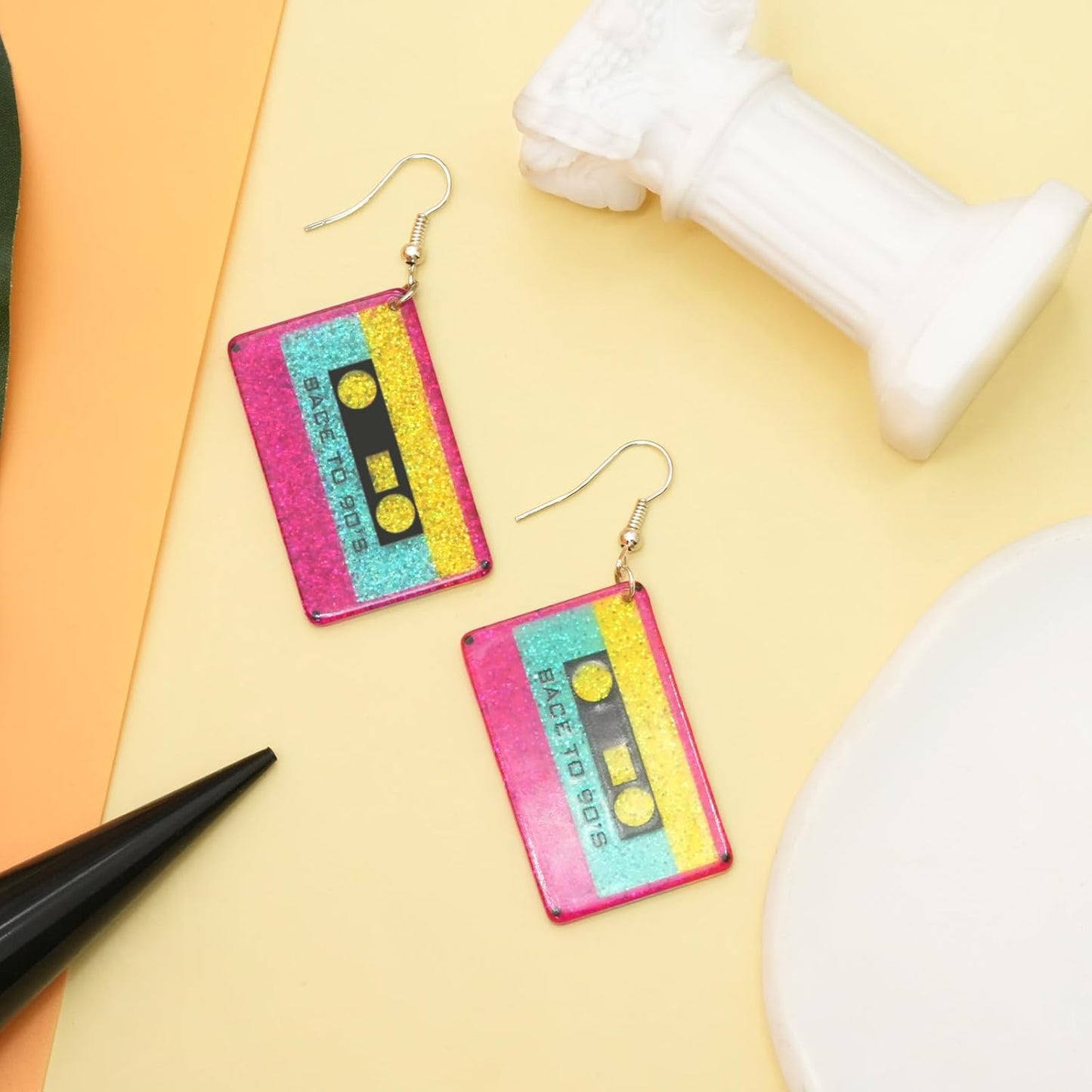 90s 80s Earrings for Women Retro Cassette Tape Earrings Acrylic Radio Tape Drop Dangle Earring for Halloween Cosplay Glow Party Music Festival Costume Accessories