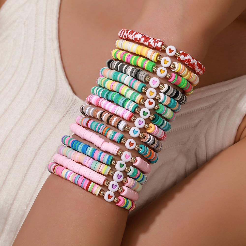 Friendship Bracelets Boho Stackable Bracelets for Women Surfer Heishi Clay Bead Bracelets Stretch Preppy Bracelets Colorful Boho Bracelets for Women
