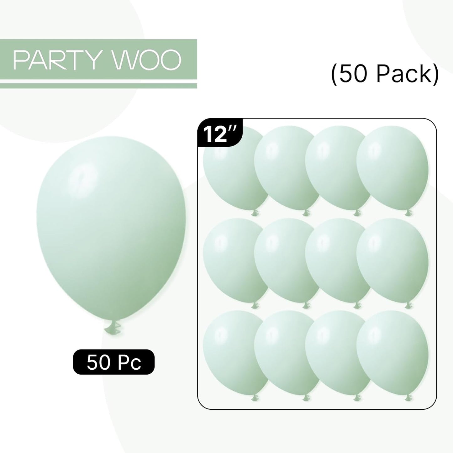 PartyWoo Mint Green Balloons 50 pcs 12 Inch Pastel Light Green Latex Helium Balloons for Birthday Baby Shower Gender Reveal Wedding Anniversary Graduation Party Decorations Green-Q06