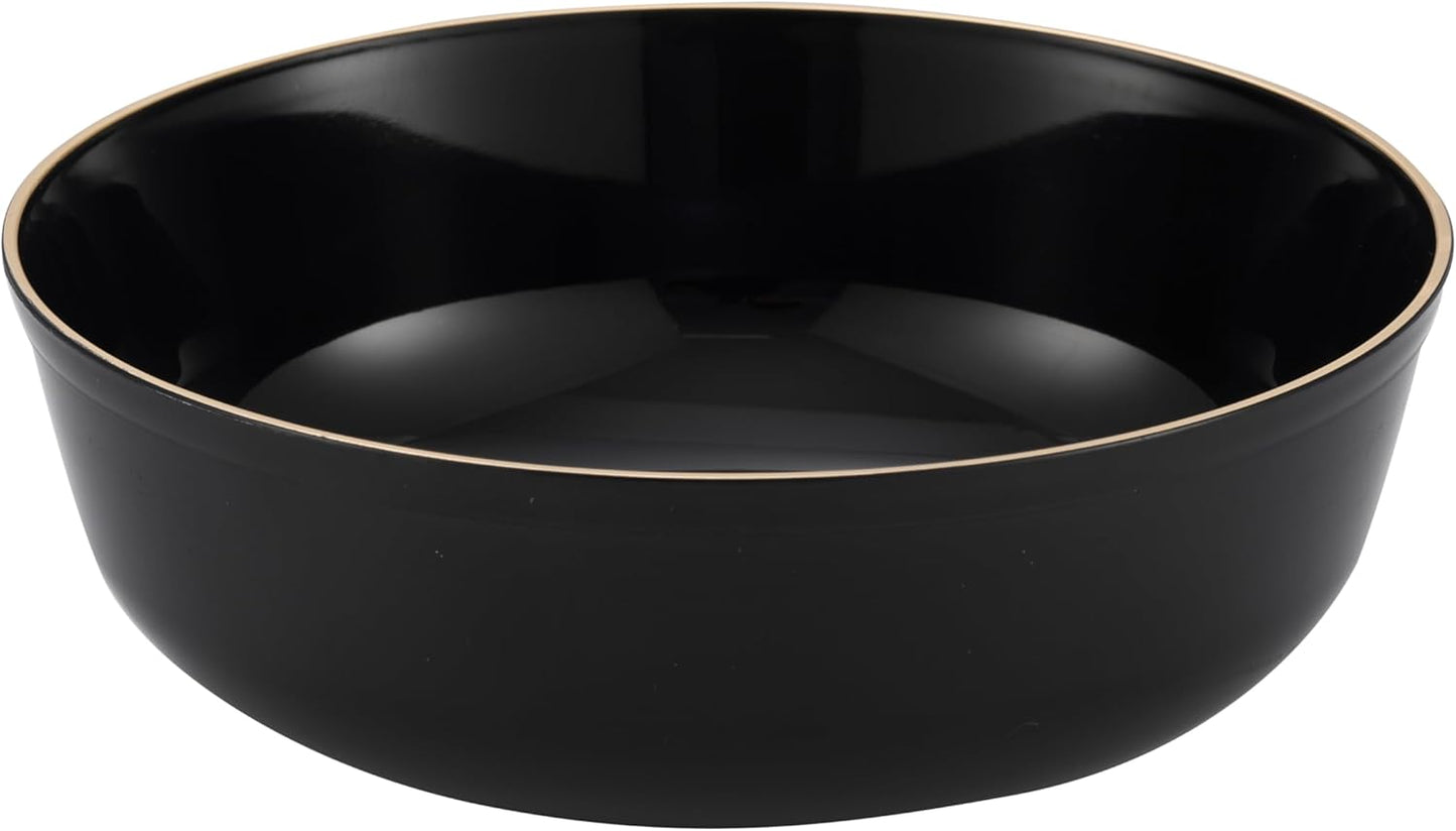 BloominGoods Disposable Plastic Soup Bowls, 50-Pack 14 Oz. Heavyweight Black With Gold Rim Bowls For Party, Wedding Or Event