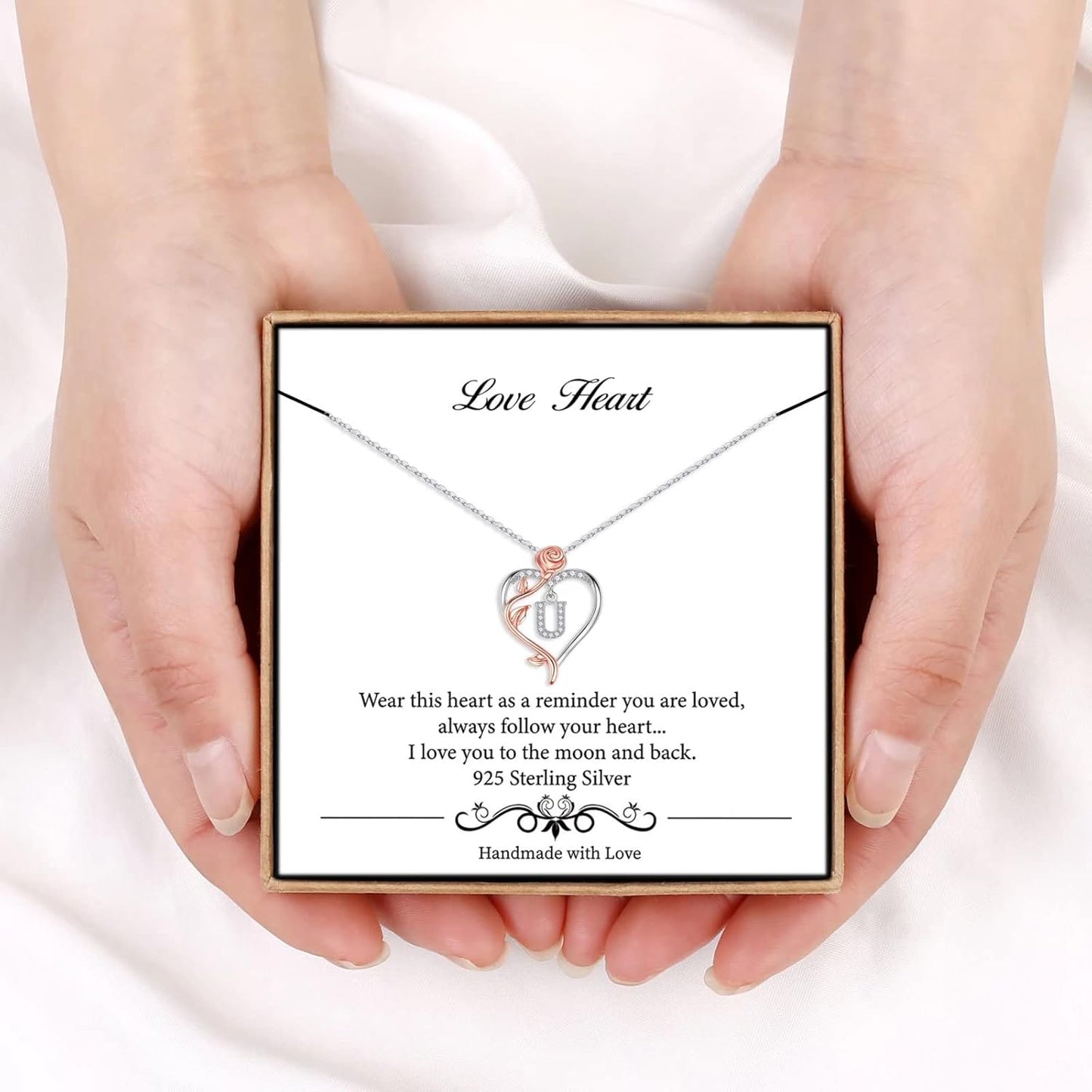 Iefil Christmas Gifts for Women Wife - 925 Sterling Silver Rose Heart Initial Necklace, Anniversary Birthday Gifts for Women, Jewelry Gift for Her Wife Girlfriend Mom Daughter