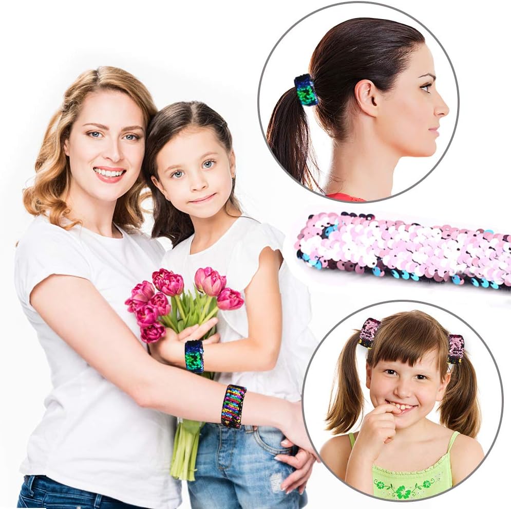 VGOODALL 12 PCS Glitter Slap Bracelet for Kids Sequin Mermaid Bracelet Wristband for Birthday Party Favors Supplies