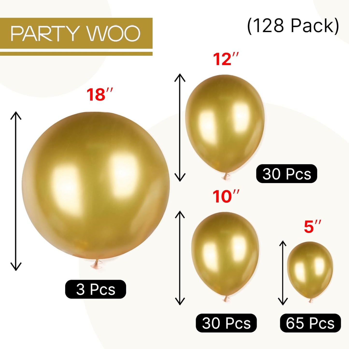 PartyWoo Metallic Gold Balloons 128 pcs Different Sizes Pack of 18 12 10 5 Inch, Chrome Gold Balloon Arch Kit Garland for Birthday Graduation Baby Shower Wedding Party Decorations Gold-G101