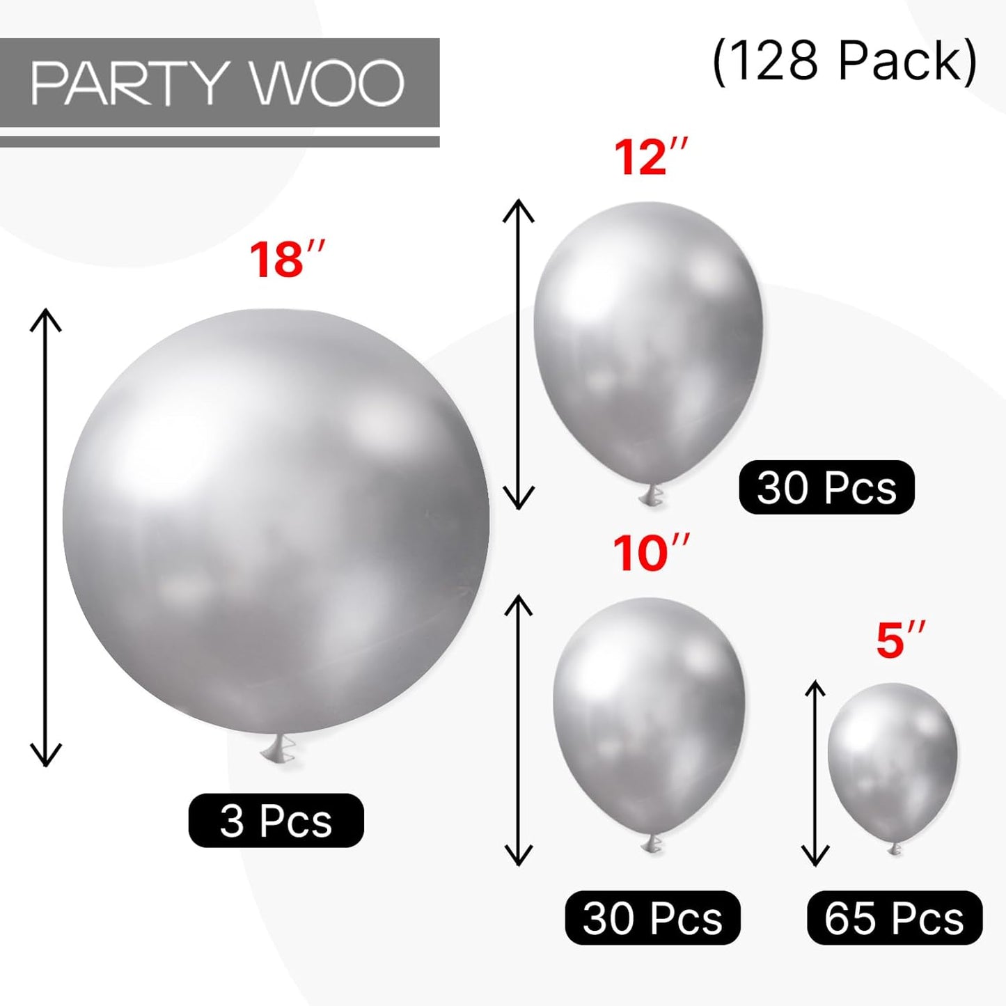 PartyWoo Metallic Silver Balloons 128 pcs Different Sizes Pack of 18 12 10 5 Inch Chrome Silver Balloon Arch Kit Garland for Graduation New Year Wedding Birthday Party Decorations Silver-G102