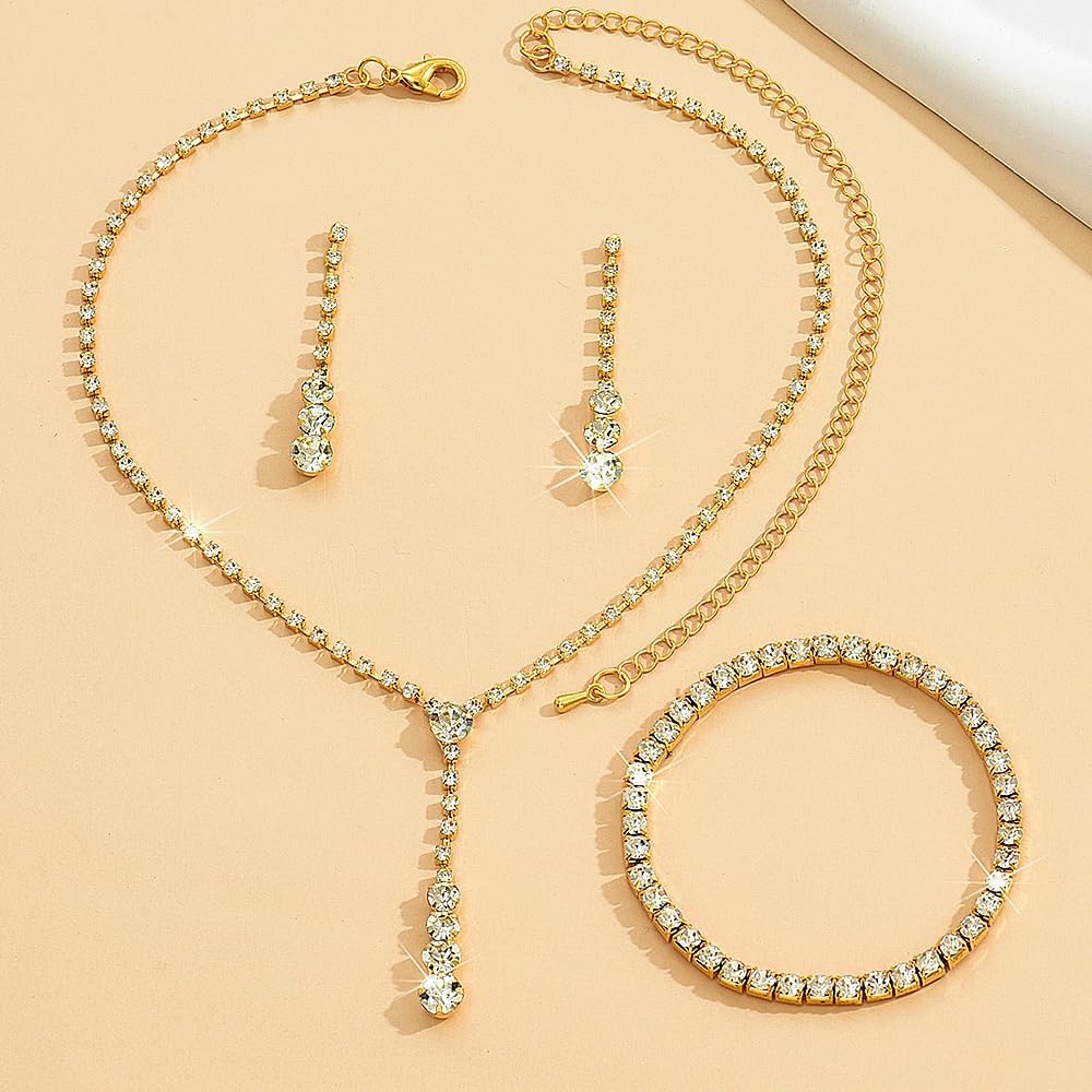 GIGB PBDK Dainty Silver Jewelry Set Crystal Rhinestone Pendant Necklace Bracelet Earrings Trendy Bridal Wedding Prom Dresses Costume Jewelry Sets for Women Wife