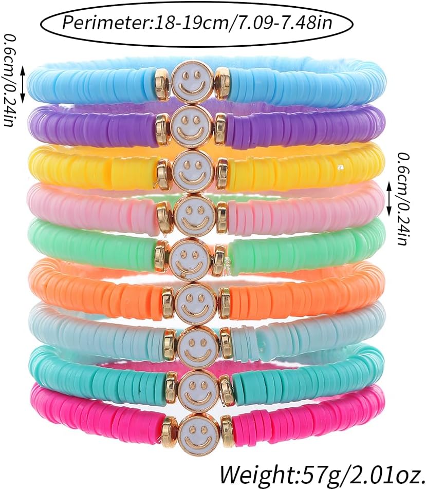 Friendship Bracelets for Women - Heishi Surfer Colorful Smile Evil Eye Clay Beaded Stretch Bracelets Elastic Layering - Stackable Boho Disc Y2K Aesthetic Summer Jewelry Set.
