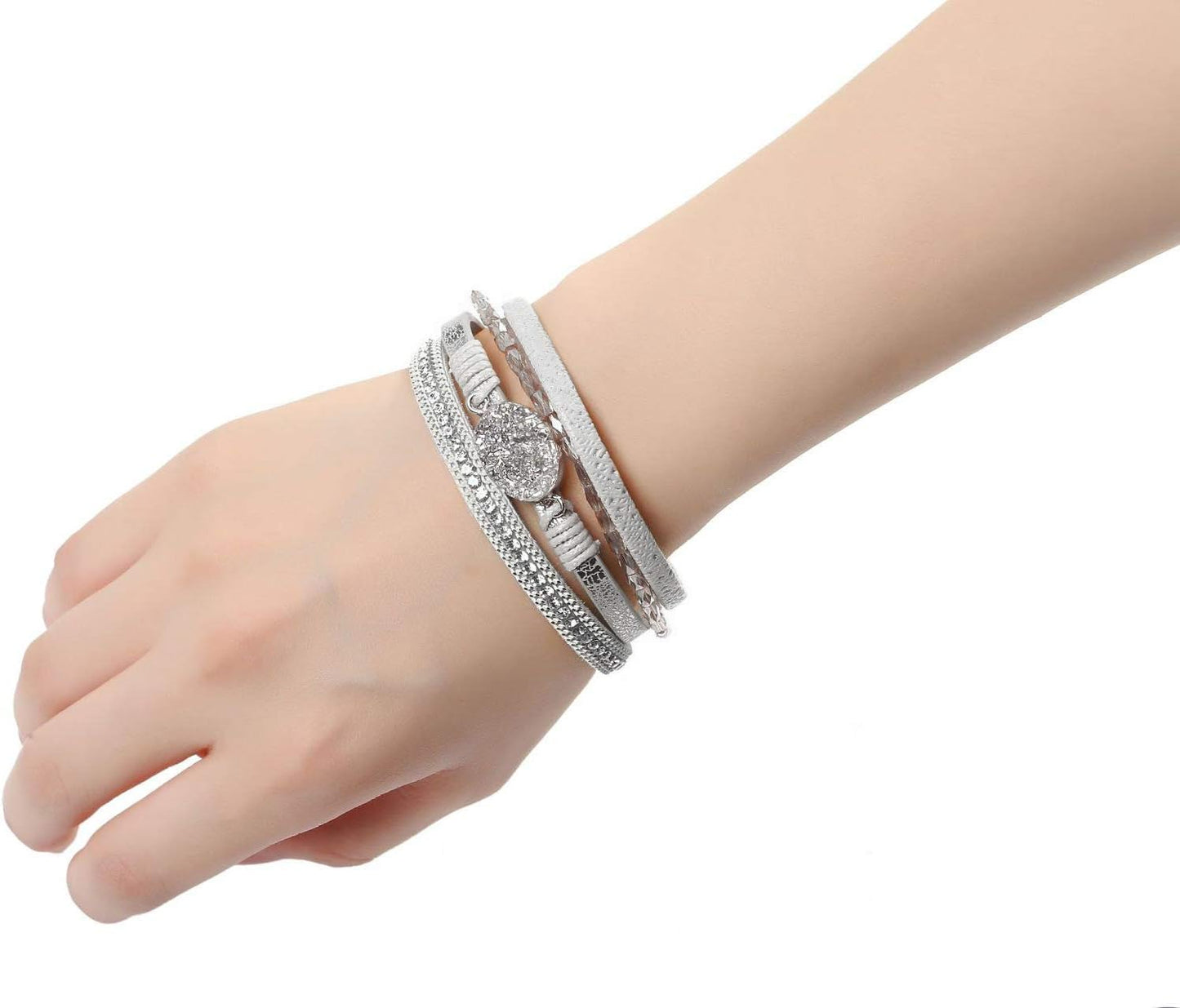 Fesciory Leopard Bracelet for Women, Boho Leather Wrap Multi-Layer Pearl Crystal Bracelet Bangle Jewelry