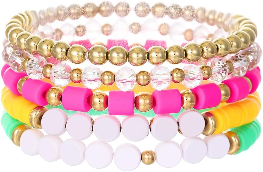 Friendship Bracelets for Women - Heishi Surfer Colorful Smile Evil Eye Clay Beaded Stretch Bracelets Elastic Layering - Stackable Boho Disc Y2K Aesthetic Summer Jewelry Set.