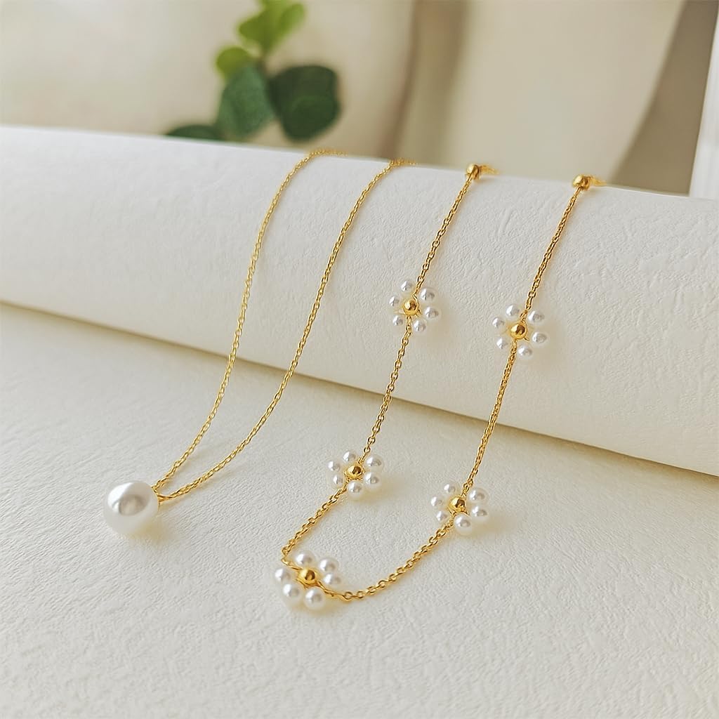 Gold Jewelry Set for Women - Dainty 14K Gold Plated Pearl Necklace and Earring Set with Drop Earrings, Bracelets, Choker Necklace - Wedding Jewelry Gift