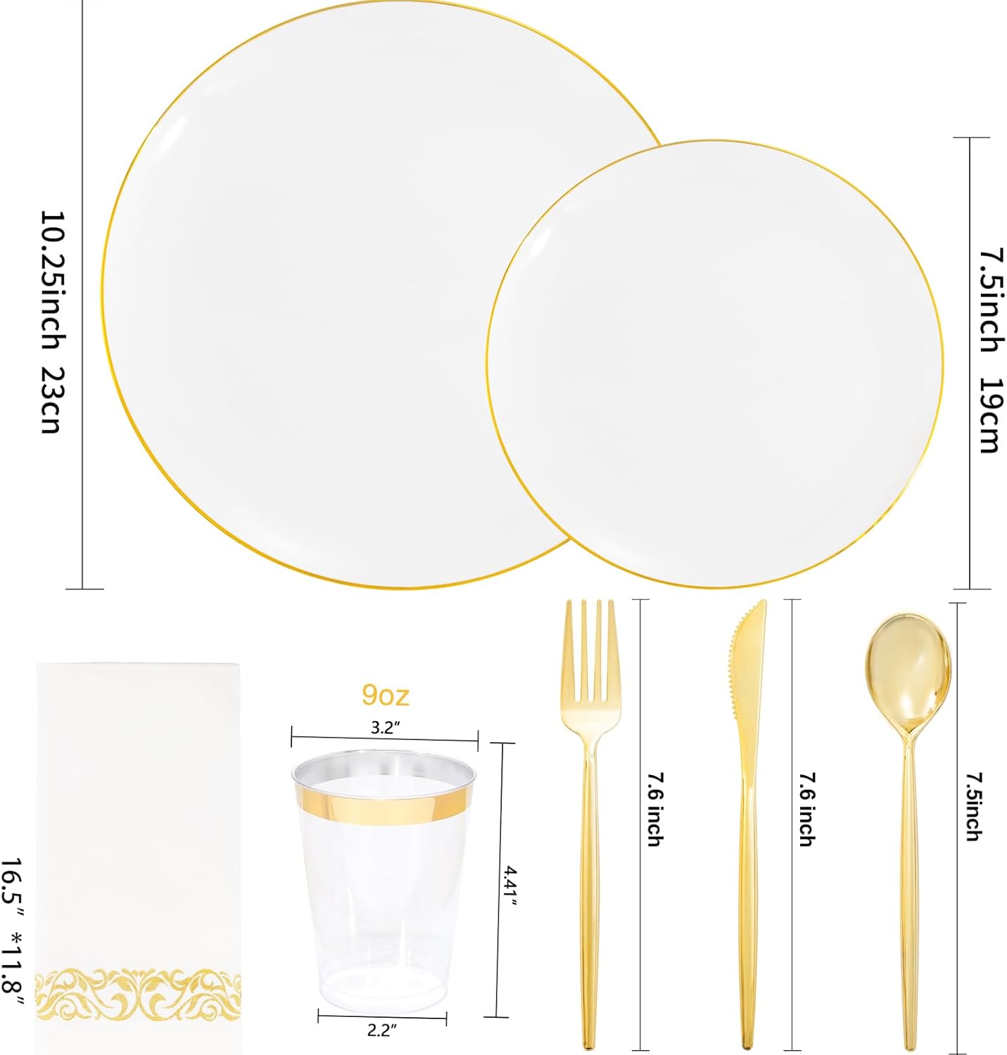 MirthMood 350Pcs White and Gold Dinnerware Set, Gold Party Plates Includes:50 Dinner Plates, 50 Dessert Plates, 150 Gold Plastic Cutlery,50 Paper Towels & 50 Cups
