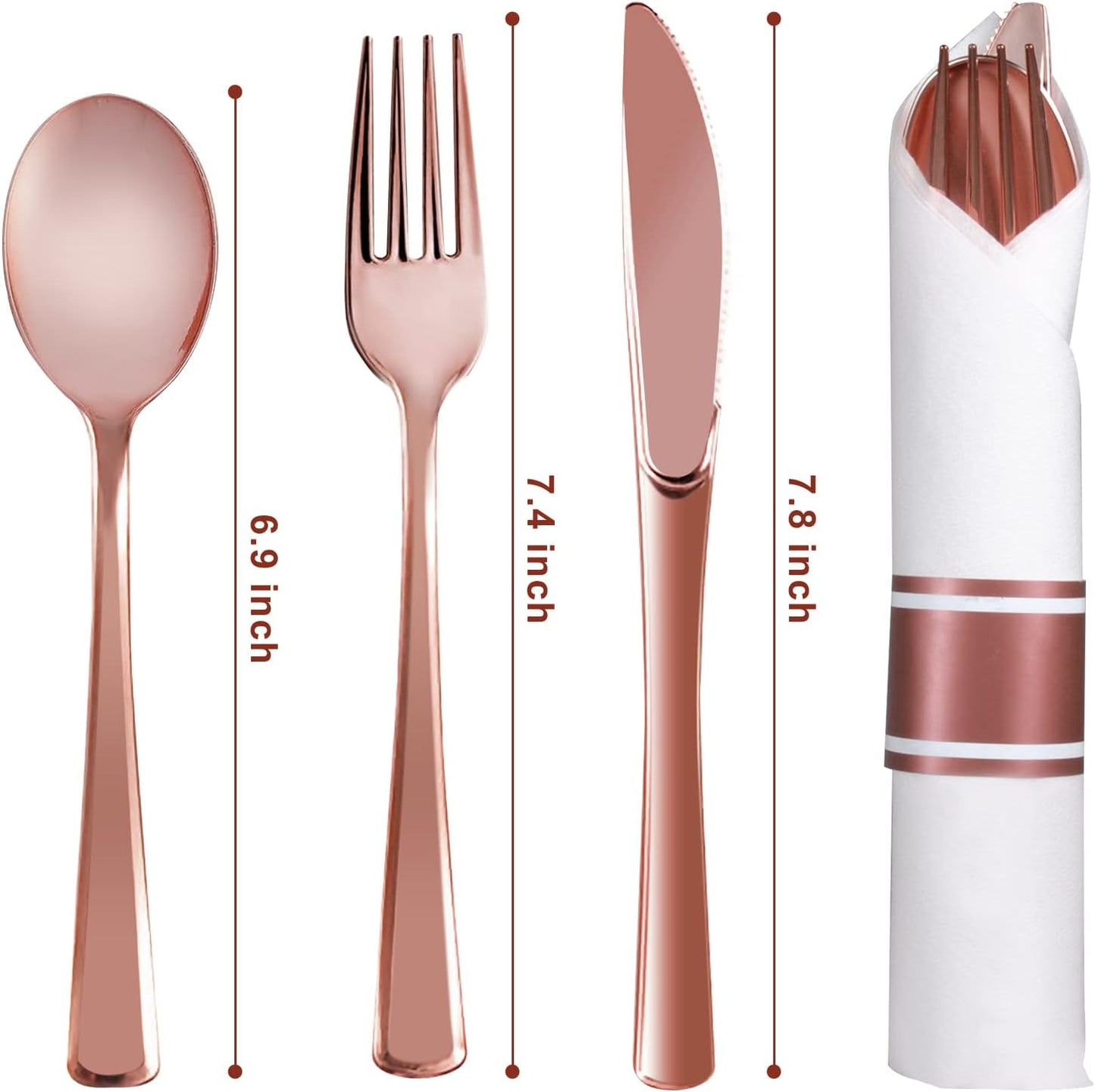Rose Gold Disposable Plastic Silverware - 100Pack Pre Rolled Plastic Cutlery, Wrapped Party Silverware, Rolled Disposable Utensils with 100 Forks Knives Spoons Dinner Napkins for Party