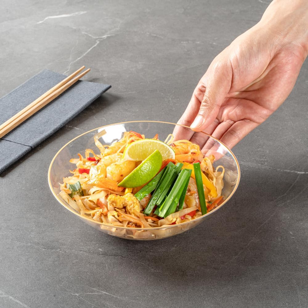 Restaurantware-Moderna 16 Ounce Plastic Bowls, 20 Durable Disposable Salad Bowls - Gold-rimmed, Heavy-duty, Clear Plastic Fancy Bowl, For Warm And Cold Foods, Ideal For Restaurants