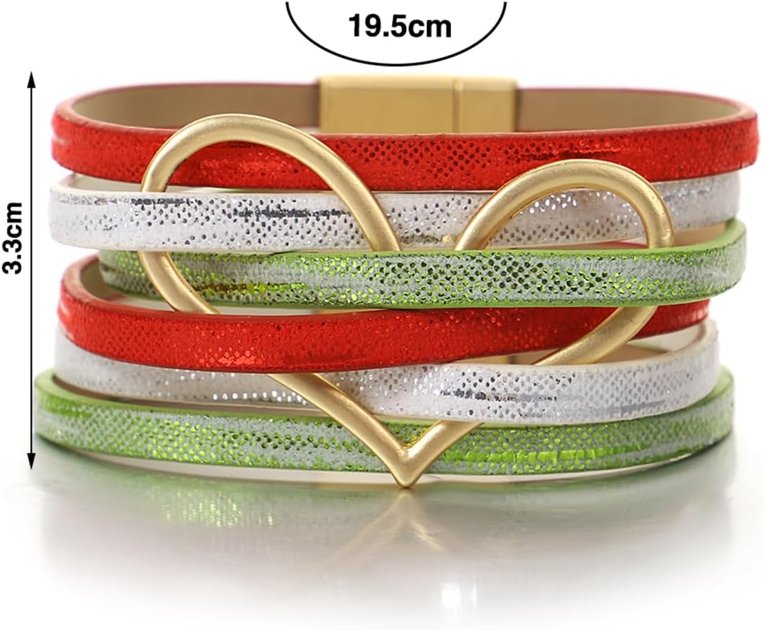 Leather Wrap Bracelet for Women Beaded Cuff Bracelet with Heart-shape Decor Bohemian Crystal Bracelet Jewelry with Clasp Bangle Bracelet for Women Girls Birthday Holiday Gift