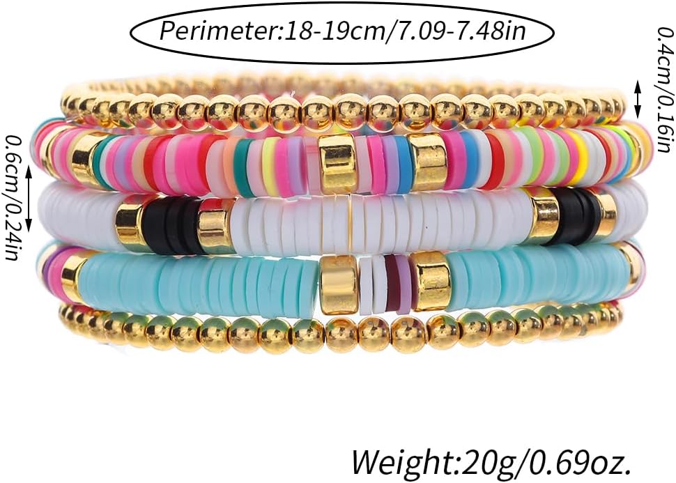 Friendship Bracelets for Women - Heishi Surfer Colorful Smile Evil Eye Clay Beaded Stretch Bracelets Elastic Layering - Stackable Boho Disc Y2K Aesthetic Summer Jewelry Set.