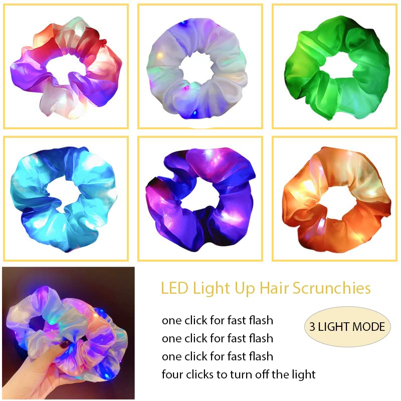 LED Scrunchies, 6 Pcs Light up Glow Hairbands Neon Accessories with 3 Light Modes for Girls Women Festival Accessories Christmas Halloween Party