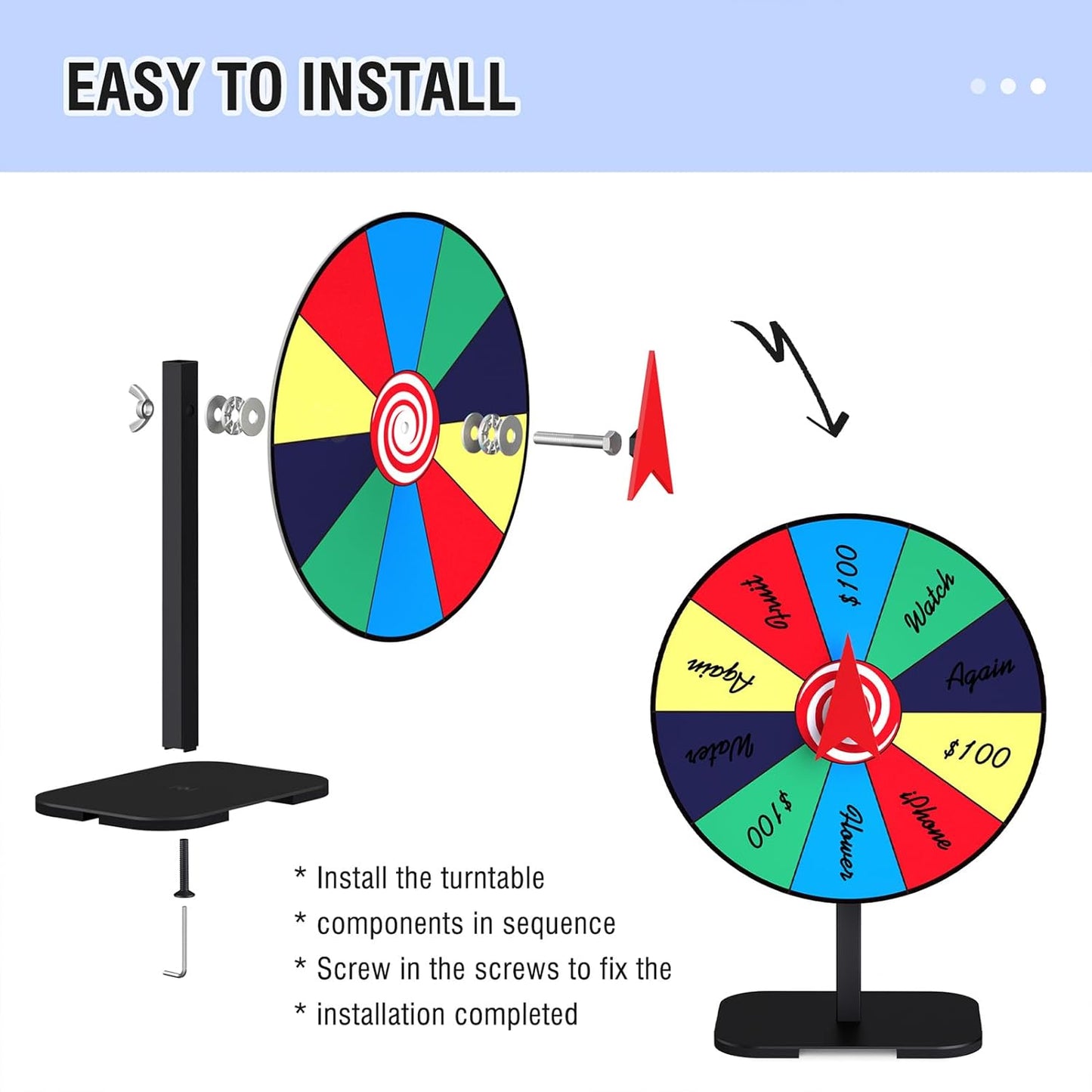 8 Inch Prize Wheel Spinner with Stand, Dry Erase Spinning Wheel for Prizes with Marker and Cloth Used for Wiping, Spin The Wheel Game for Home Parties, Trade Shows & Classroom Activities