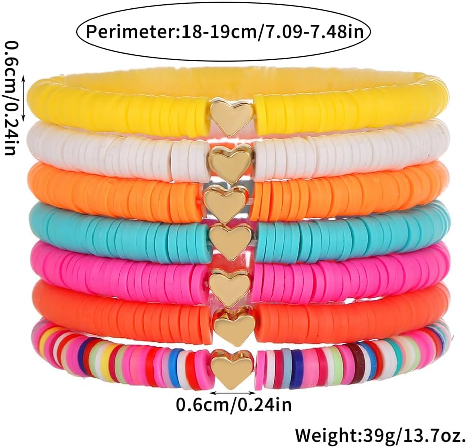 Friendship Bracelets for Women - Heishi Surfer Colorful Smile Evil Eye Clay Beaded Stretch Bracelets Elastic Layering - Stackable Boho Disc Y2K Aesthetic Summer Jewelry Set.
