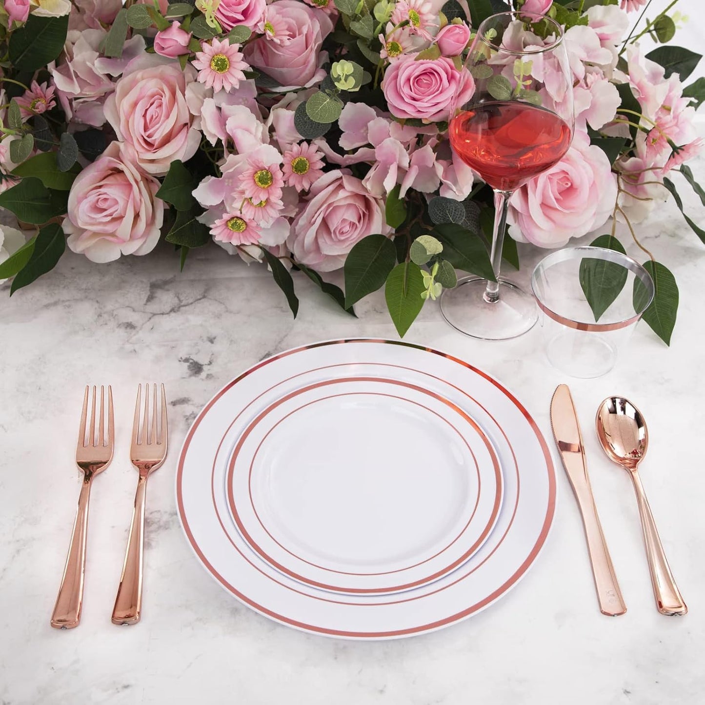WELLIFE 350Pcs Rose Gold Plastic Plates for 50 Guests - Plastic Dinnerware Set,Party Supplies Includes 100 Rose Gold plates,150 Silverware,50 Napkins,50 Cups for Party and Thanksgiving