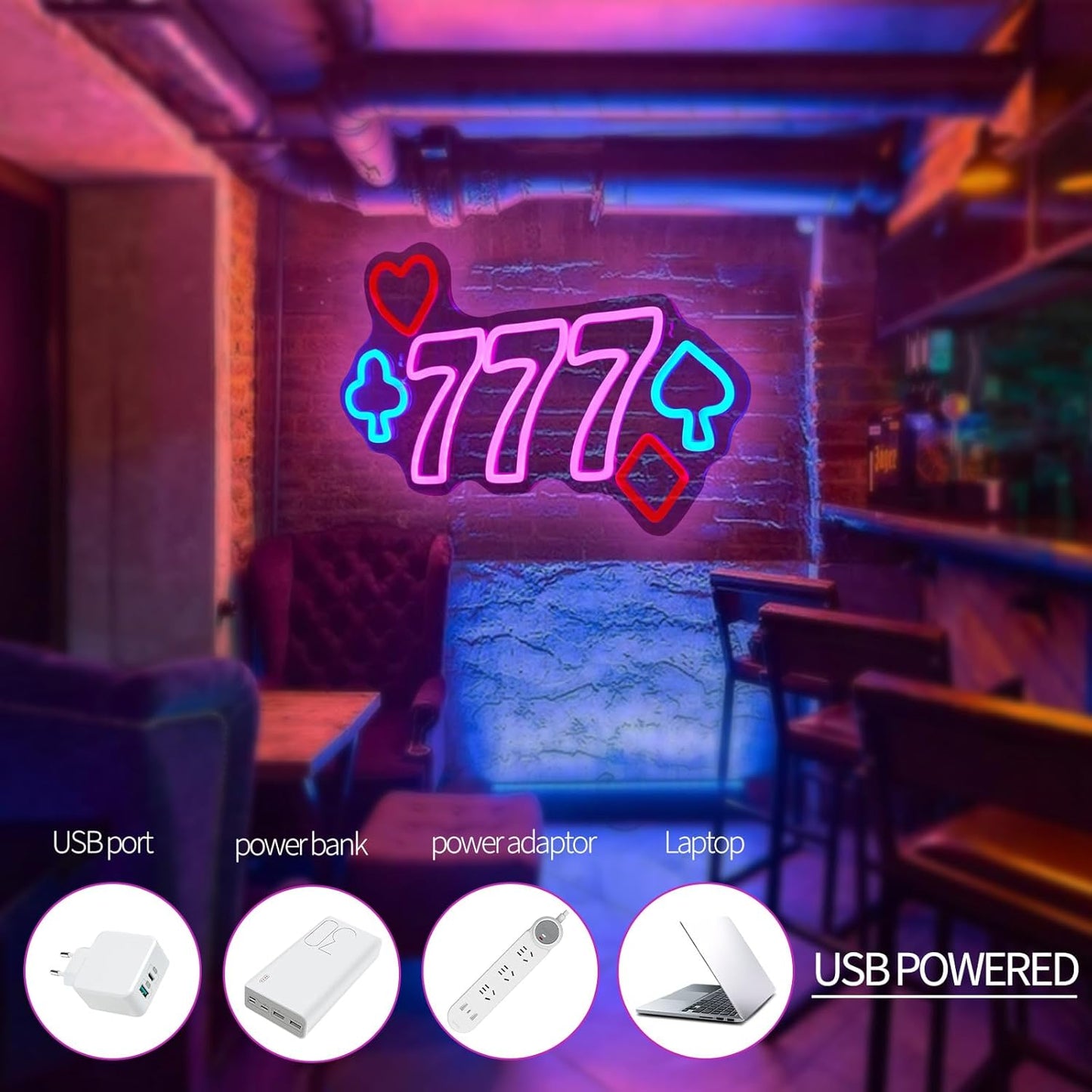 777 Casino Neon Signs for Wall Decor Pink LED Light Sign for Poker Room Decor Light Up Sign for Birthday Party Decoration USB Powered