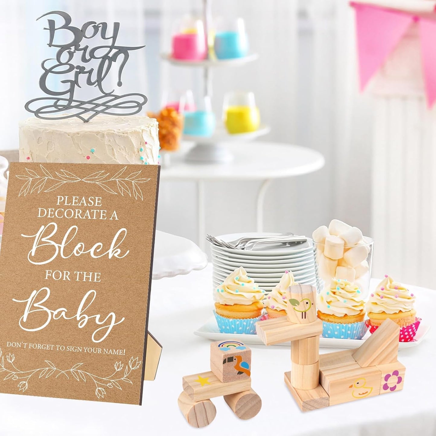 141 Pcs Baby Shower Game Sign Set Includes Decorative Square Signs 100 DIY Blank Wooden Blocks 20 Paint Markers(Kraft)