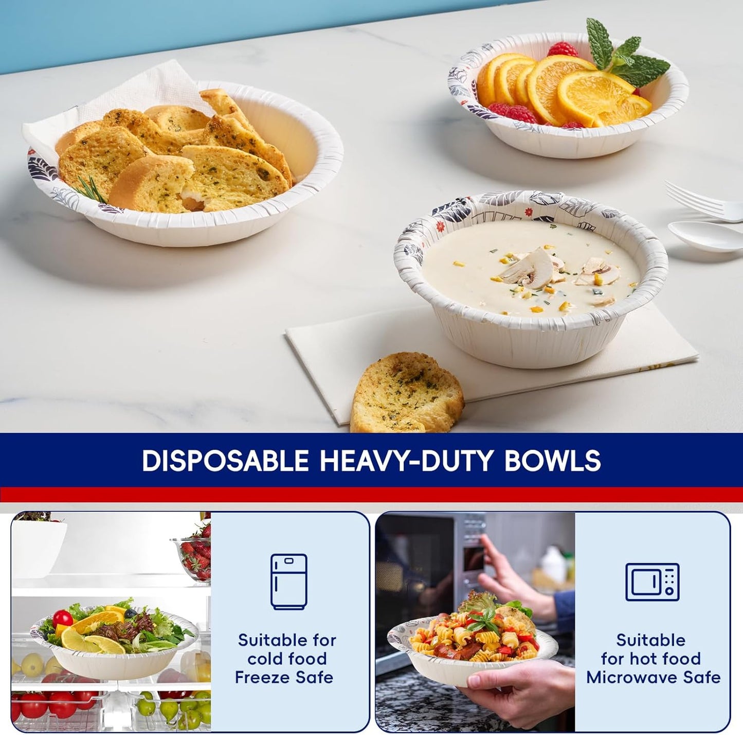 JOLLY CHEF 160 Count Paper Bowls 20 oz Soak Proof and Cut Proof Microwave Safe Heavy Duty Leaf Printed Disposable Bowls for Dinner or Thanksgiving